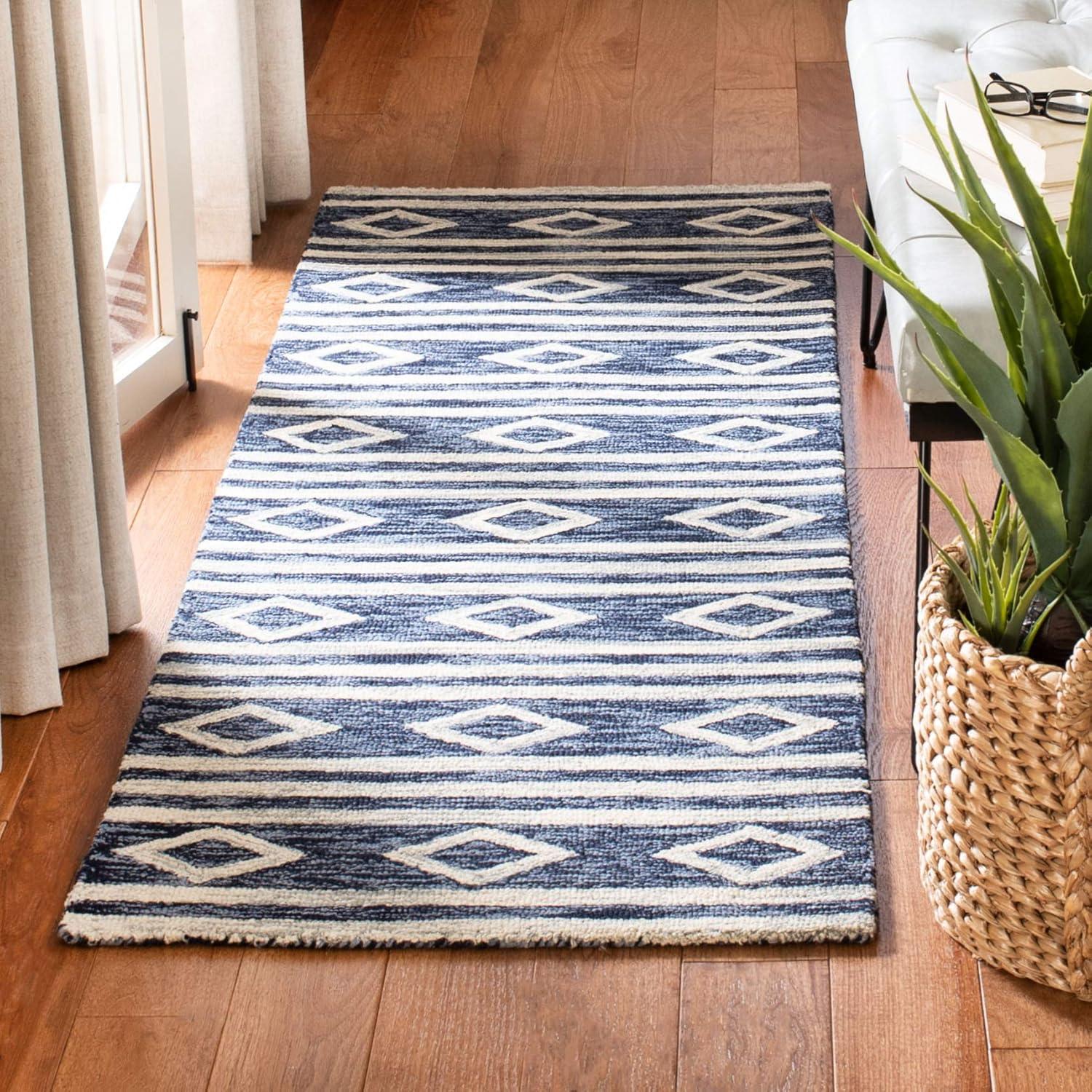 image:imageSAFAVIEH MicroLoop Collection Area Rug 5 Square Navy amp Ivory Handmade Moroccan Tribal Wool Ideal for High Traffic Areas in Living Room Bedroom MLP153NNavyIvory