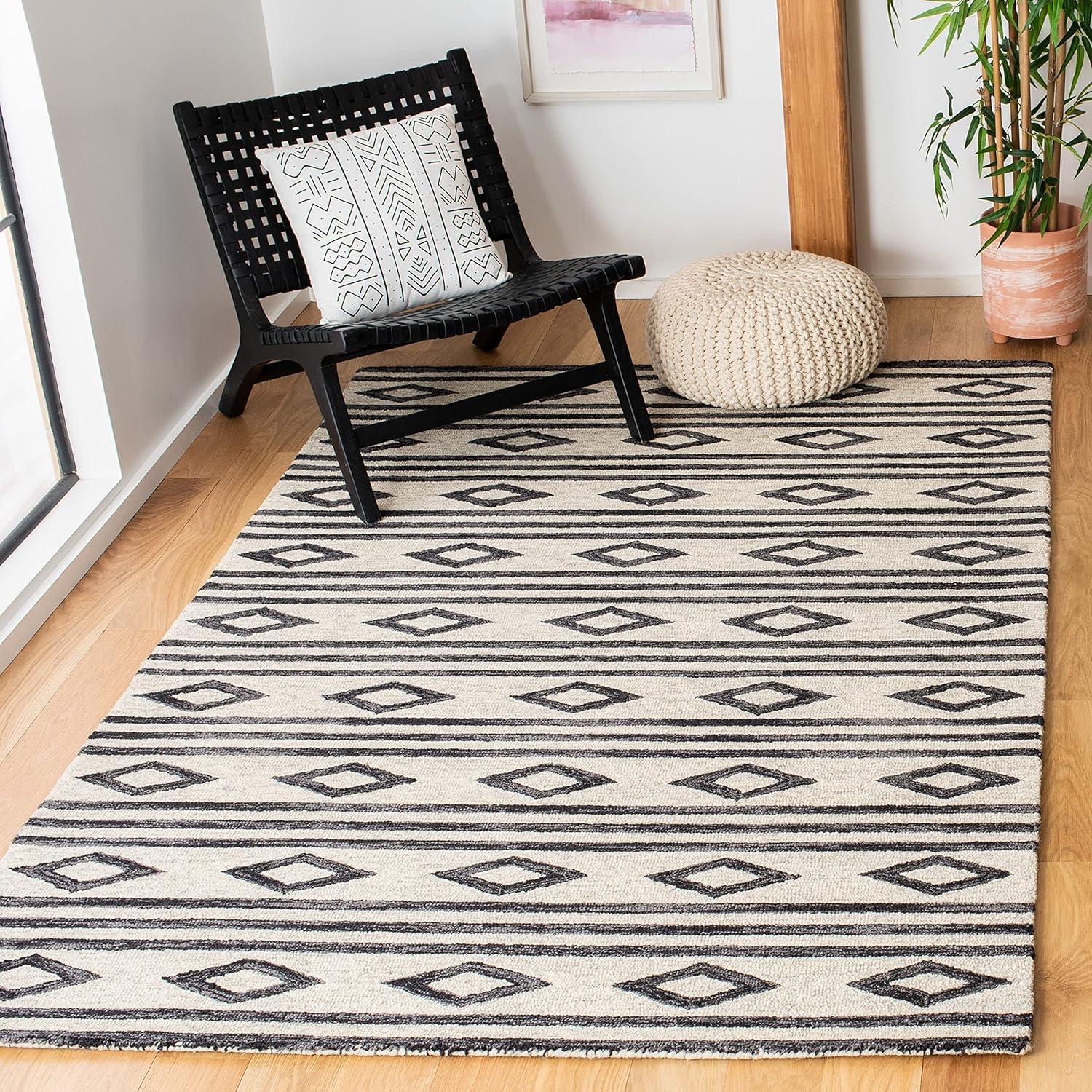 image:imageSAFAVIEH MicroLoop Collection Area Rug 5 Square Navy amp Ivory Handmade Moroccan Tribal Wool Ideal for High Traffic Areas in Living Room Bedroom MLP153NIvoryCharcoal