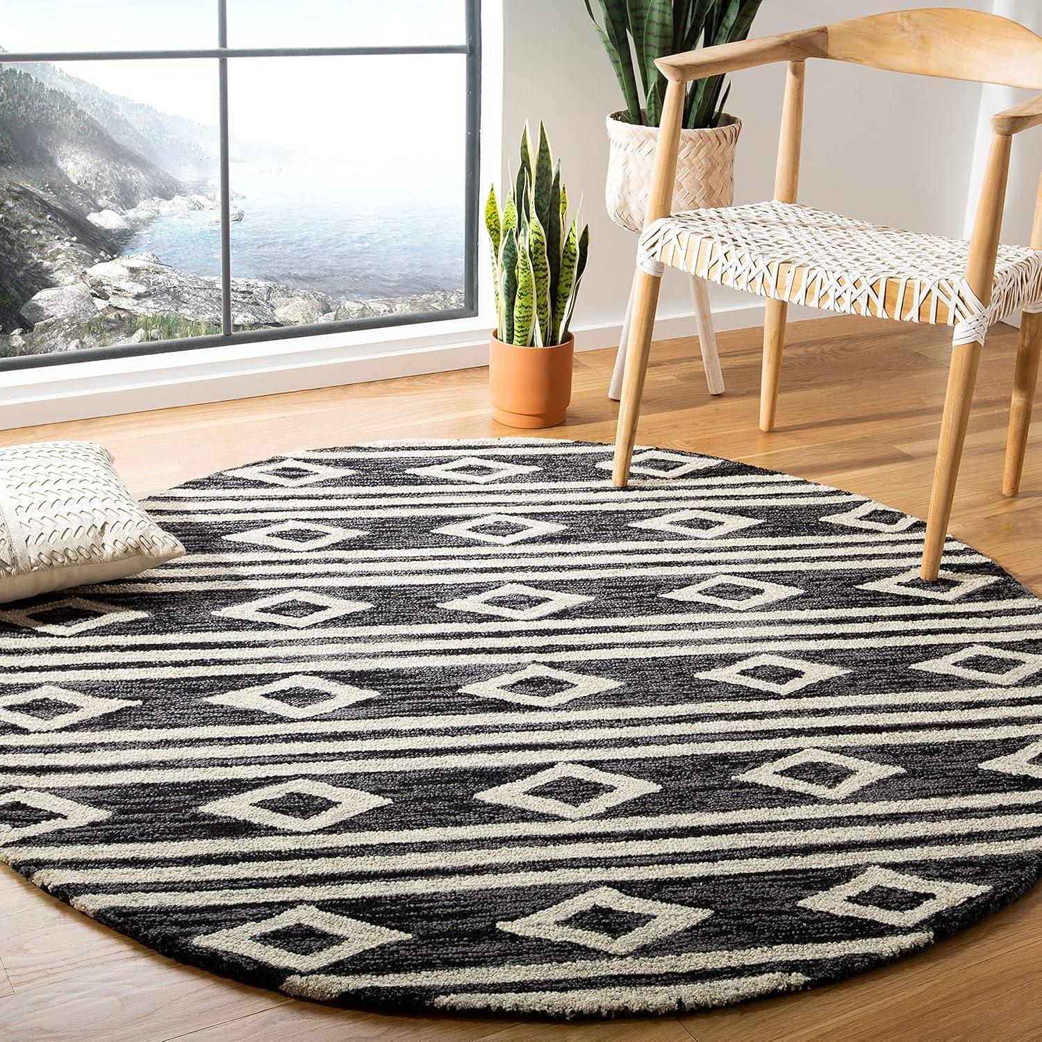 image:imageSAFAVIEH MicroLoop Collection Area Rug 5 Square Navy amp Ivory Handmade Moroccan Tribal Wool Ideal for High Traffic Areas in Living Room Bedroom MLP153NCharcoalIvory