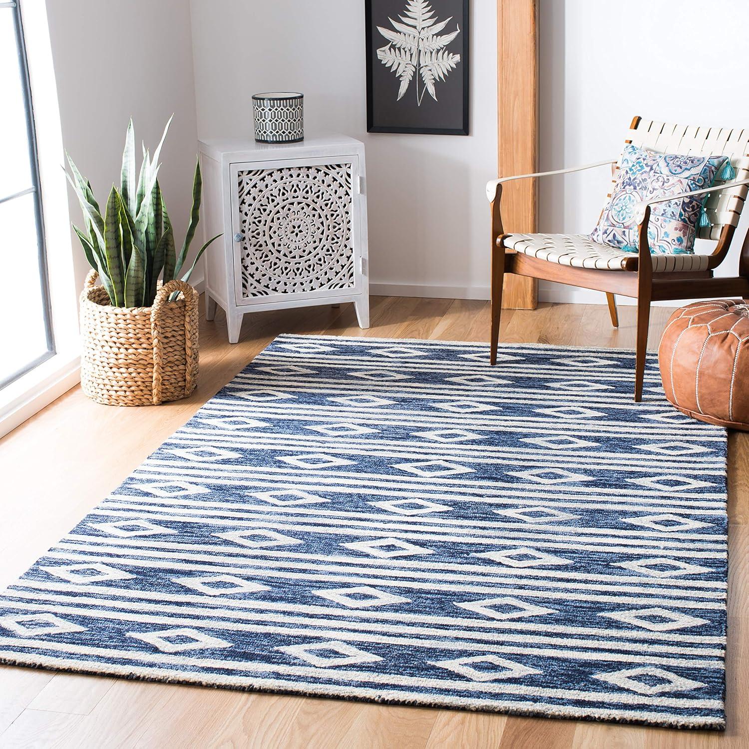 image:imageSAFAVIEH MicroLoop Collection Area Rug 5 Square Navy amp Ivory Handmade Moroccan Tribal Wool Ideal for High Traffic Areas in Living Room Bedroom MLP153NNavyIvory