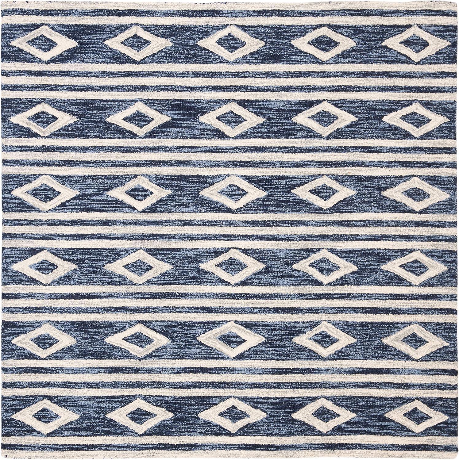 image:imageSAFAVIEH MicroLoop Collection Area Rug 5 Square Navy amp Ivory Handmade Moroccan Tribal Wool Ideal for High Traffic Areas in Living Room Bedroom MLP153NNavyIvory