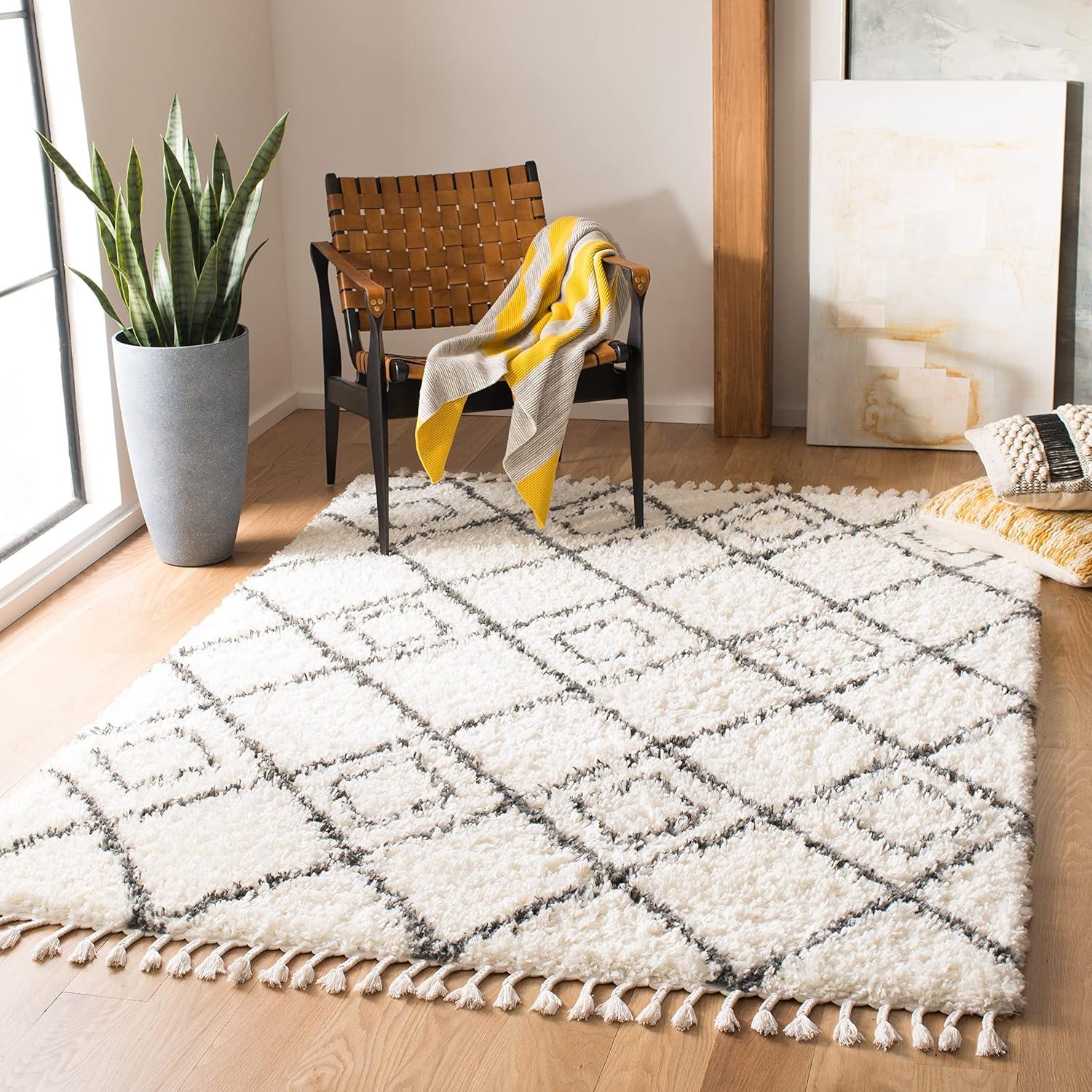 image:imageSAFAVIEH Moroccan Tassel Shag Collection Area Rug 53 x 76 Ivory amp Light Grey Boho NonShedding amp Easy Care 15inch Thick Ideal for High Traffic Areas in Living Room Bedroom MTS335BIvoryLight Grey