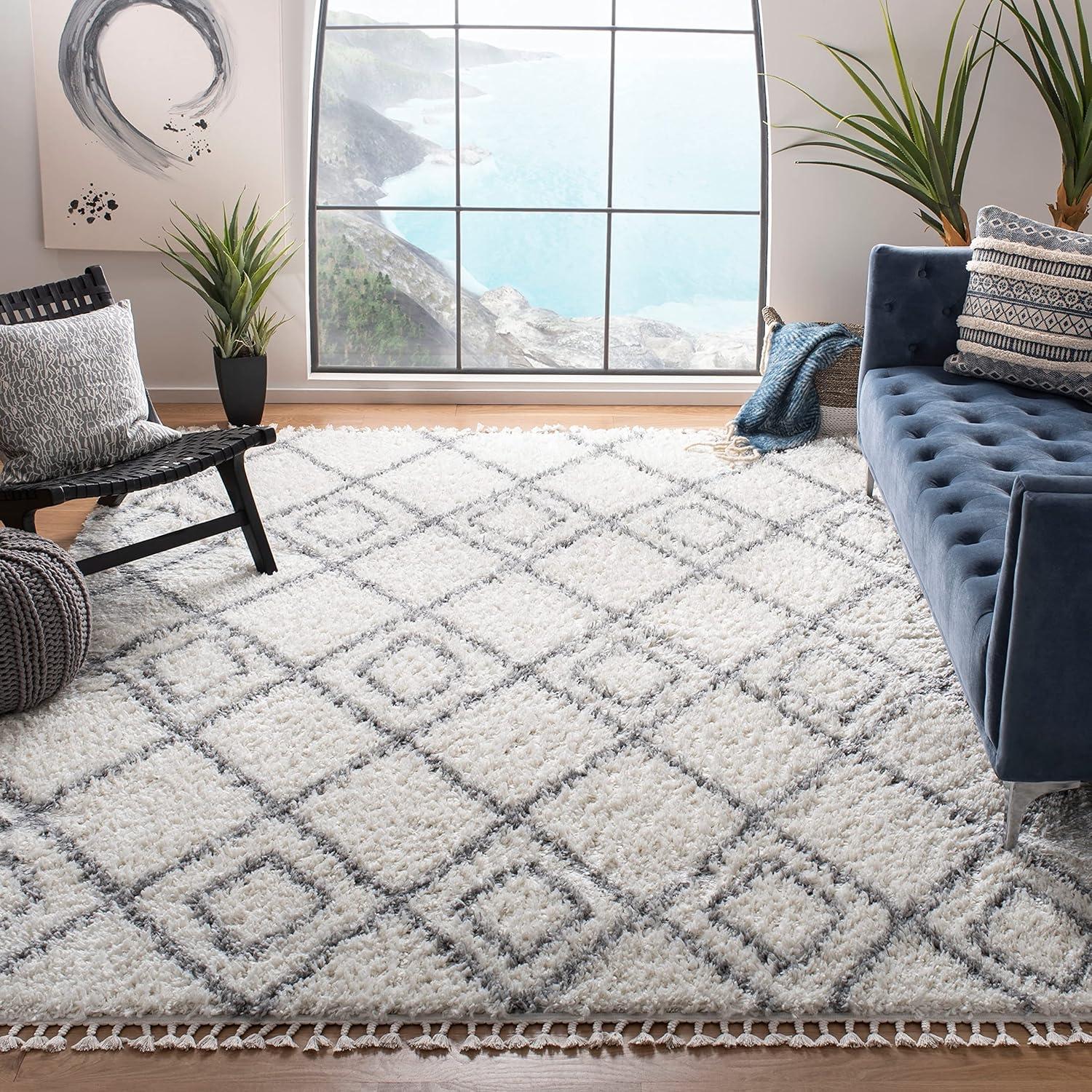 image:imageSAFAVIEH Moroccan Tassel Shag Collection Area Rug 53 x 76 Ivory amp Light Grey Boho NonShedding amp Easy Care 15inch Thick Ideal for High Traffic Areas in Living Room Bedroom MTS335BIvoryLight Grey
