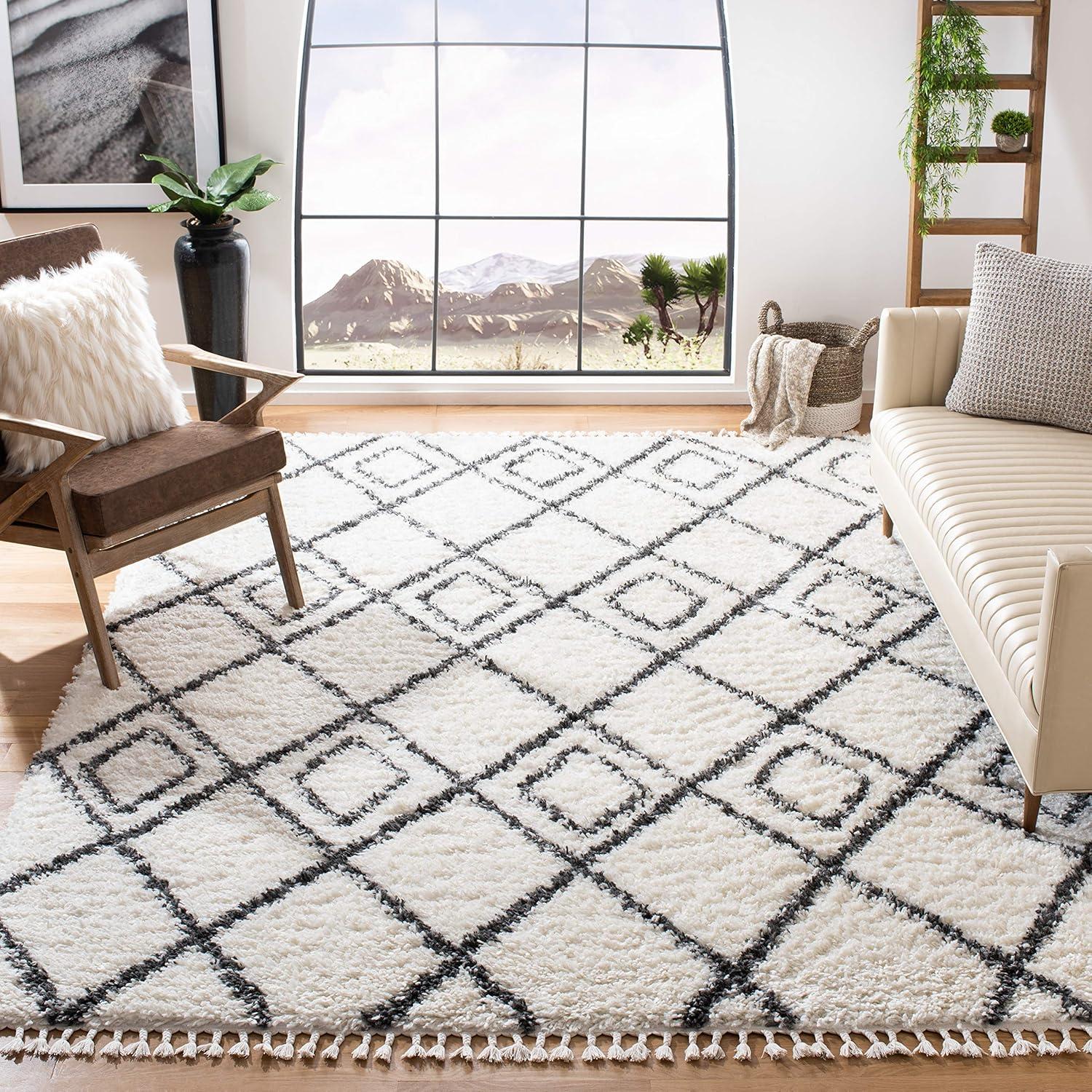 image:imageSAFAVIEH Moroccan Tassel Shag Collection Area Rug 53 x 76 Ivory amp Light Grey Boho NonShedding amp Easy Care 15inch Thick Ideal for High Traffic Areas in Living Room Bedroom MTS335BIvoryDark Grey