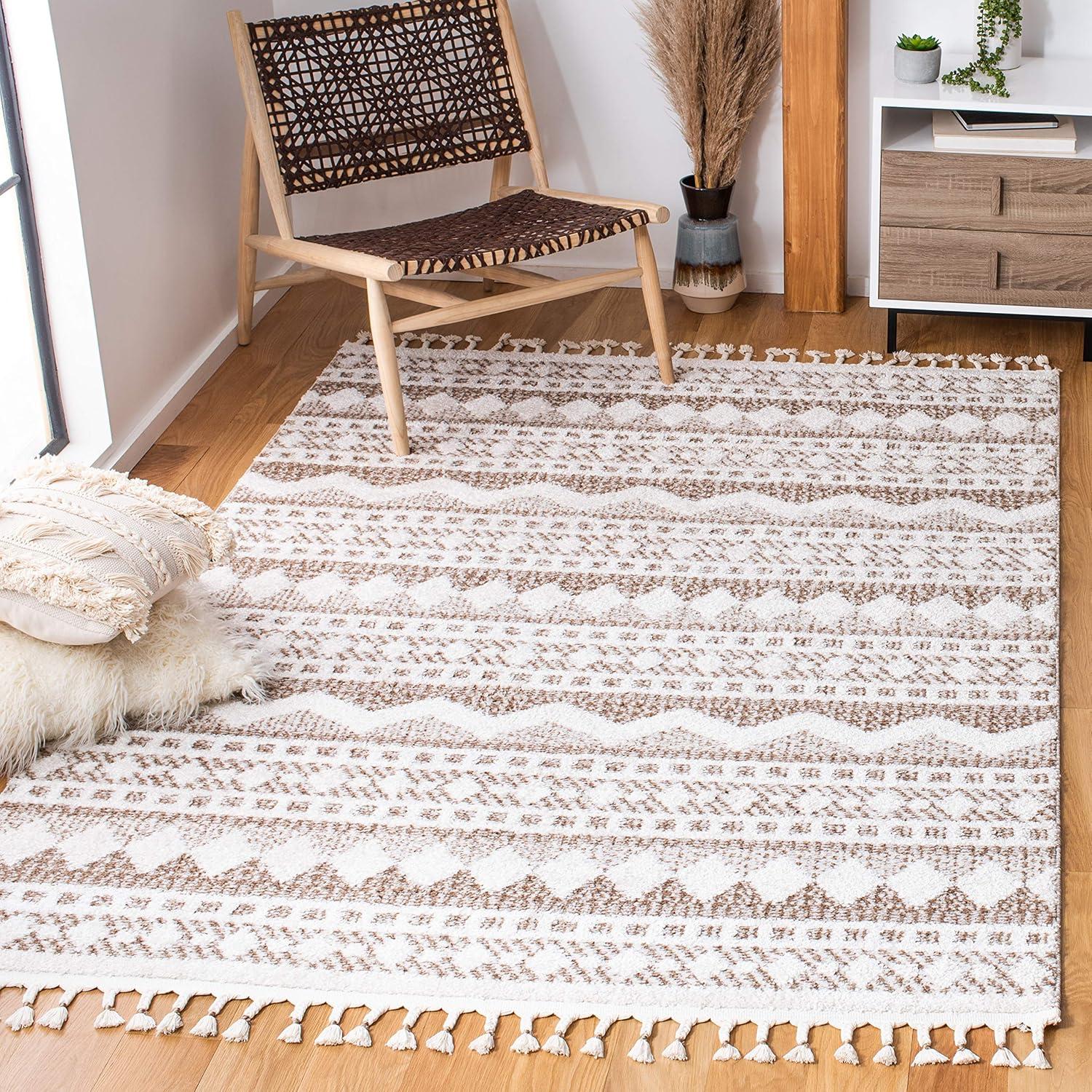 image:imageSAFAVIEH Moroccan Tassel Shag Collection Area Rug 55 x 77 Ivory amp Light Blue 075inch Thick Ideal for High Traffic Areas in Living Room Bedroom MTS484CIvoryBeige