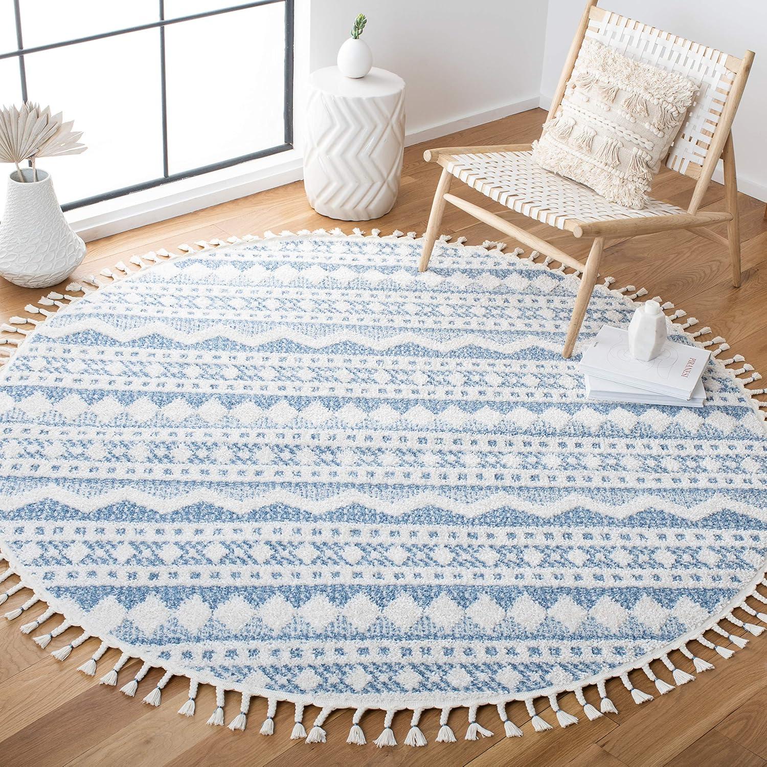 image:imageSAFAVIEH Moroccan Tassel Shag Collection Area Rug 55 x 77 Ivory amp Light Blue 075inch Thick Ideal for High Traffic Areas in Living Room Bedroom MTS484CIvoryLight Blue