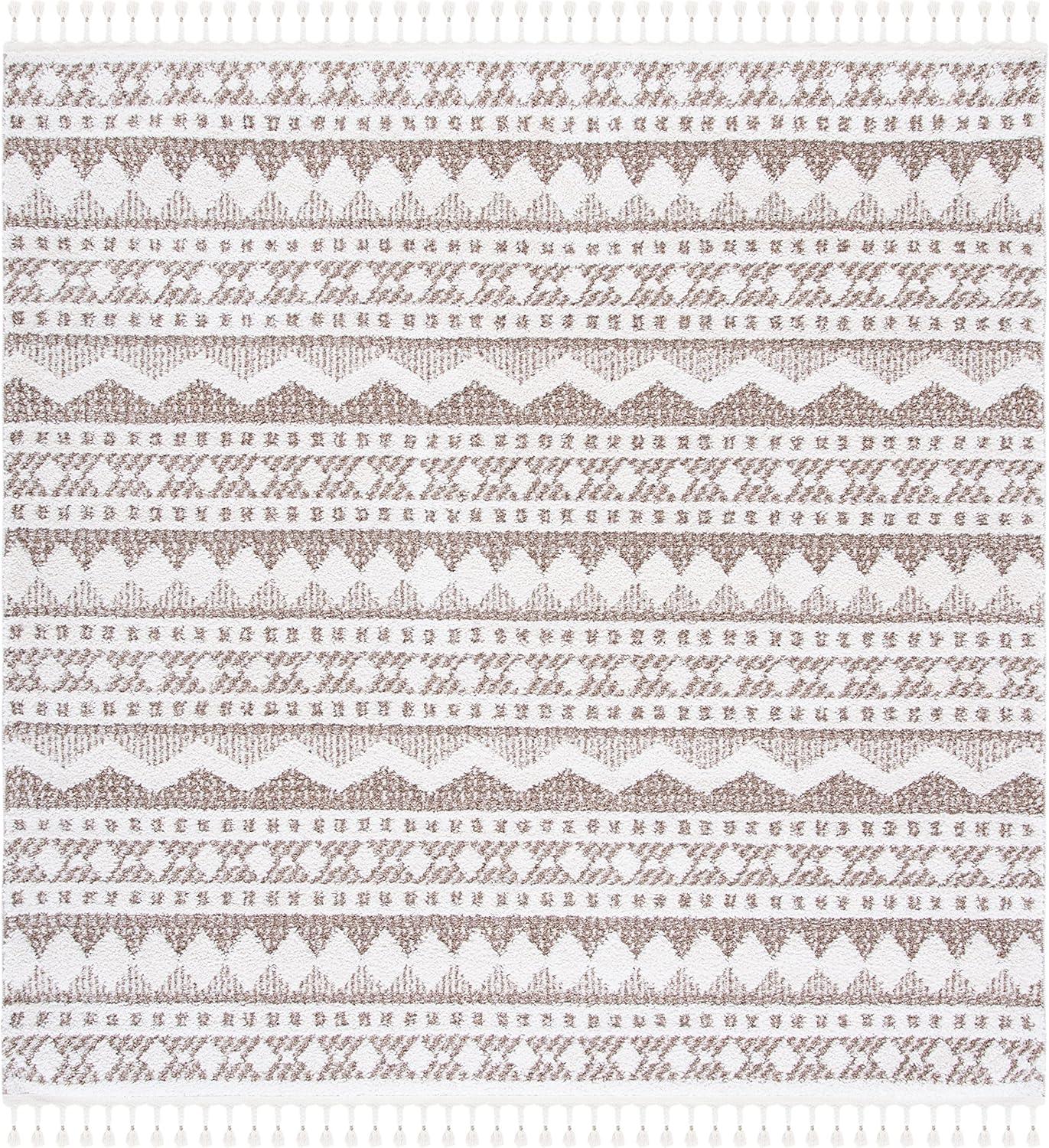 image:imageSAFAVIEH Moroccan Tassel Shag Collection Area Rug 55 x 77 Ivory amp Light Blue 075inch Thick Ideal for High Traffic Areas in Living Room Bedroom MTS484CIvoryBeige