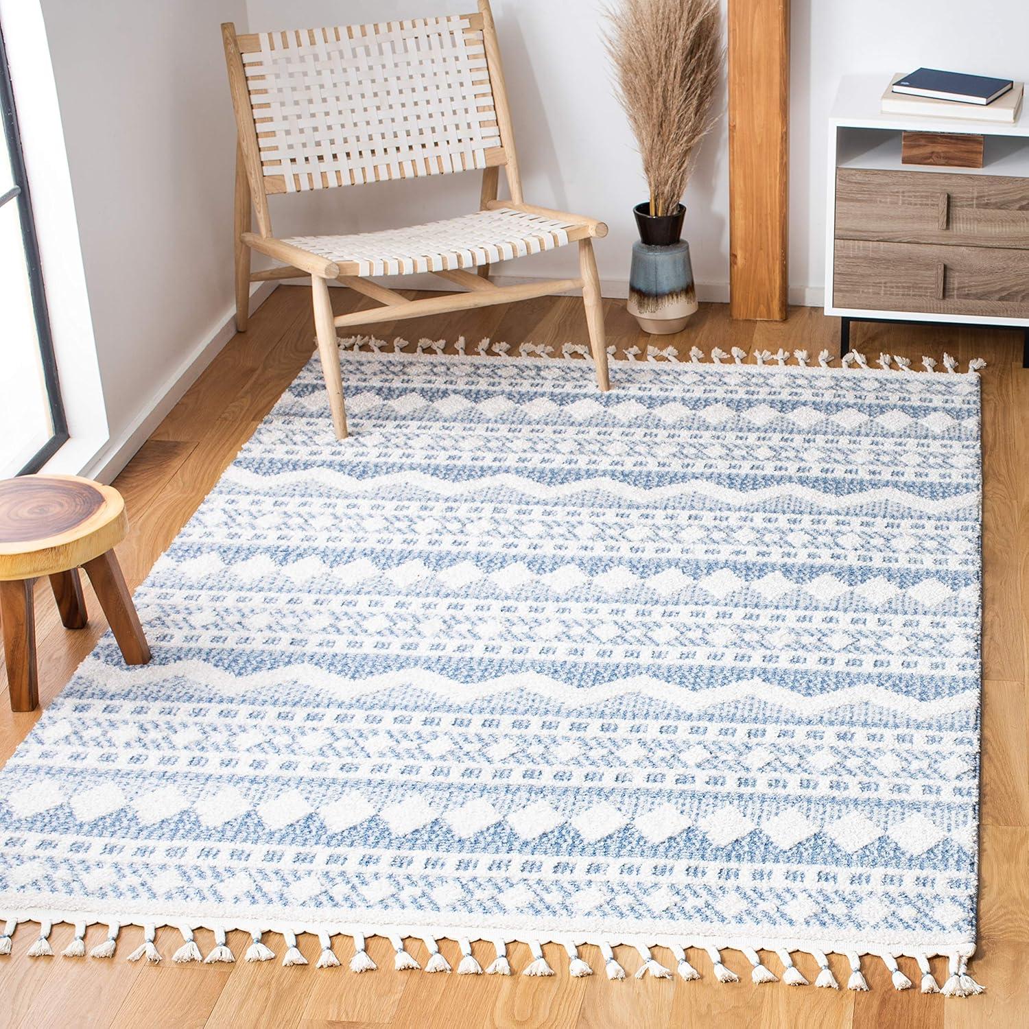 image:imageSAFAVIEH Moroccan Tassel Shag Collection Area Rug 55 x 77 Ivory amp Light Blue 075inch Thick Ideal for High Traffic Areas in Living Room Bedroom MTS484CIvoryLight Blue