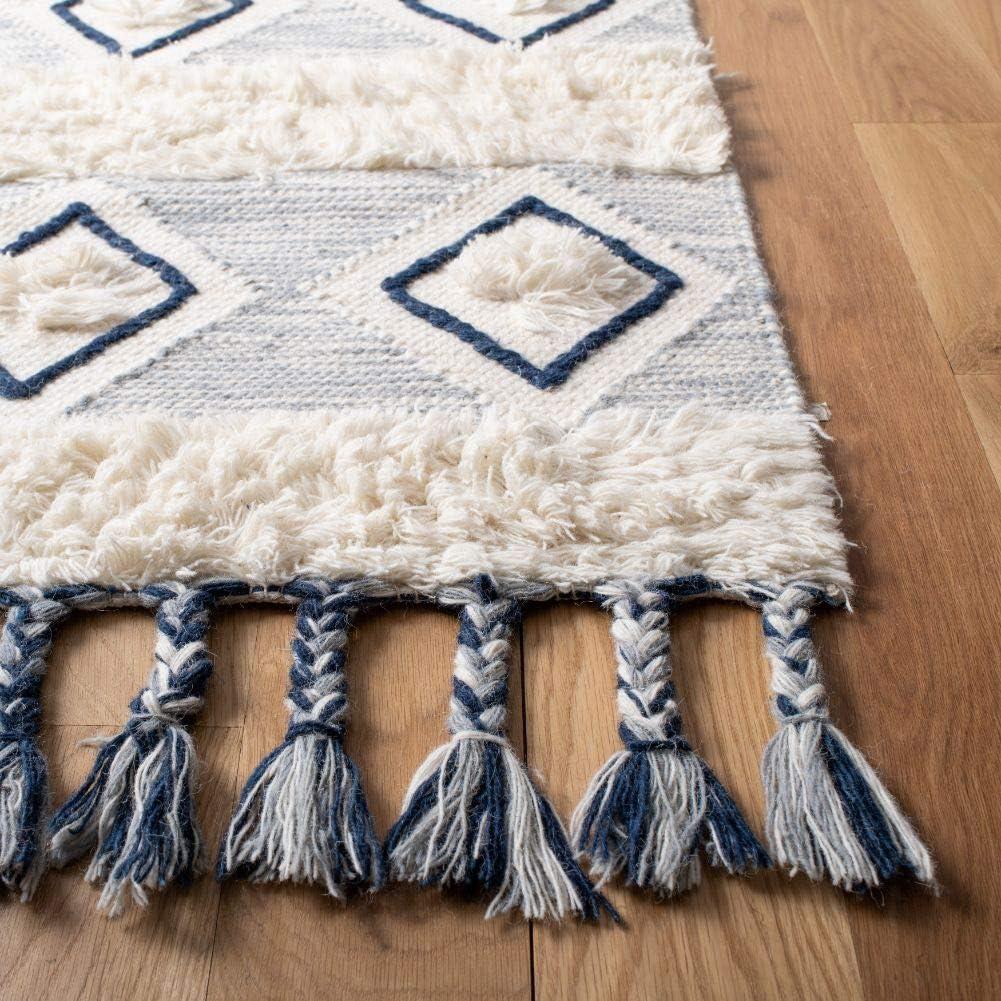 image:imageSAFAVIEH Natura Collection Accent Rug 4 x 6 Ivory amp Blue Handmade Moroccan Boho Tassel Wool Ideal for High Traffic Areas in Entryway Living Room Bedroom NAT678AIvoryBlue