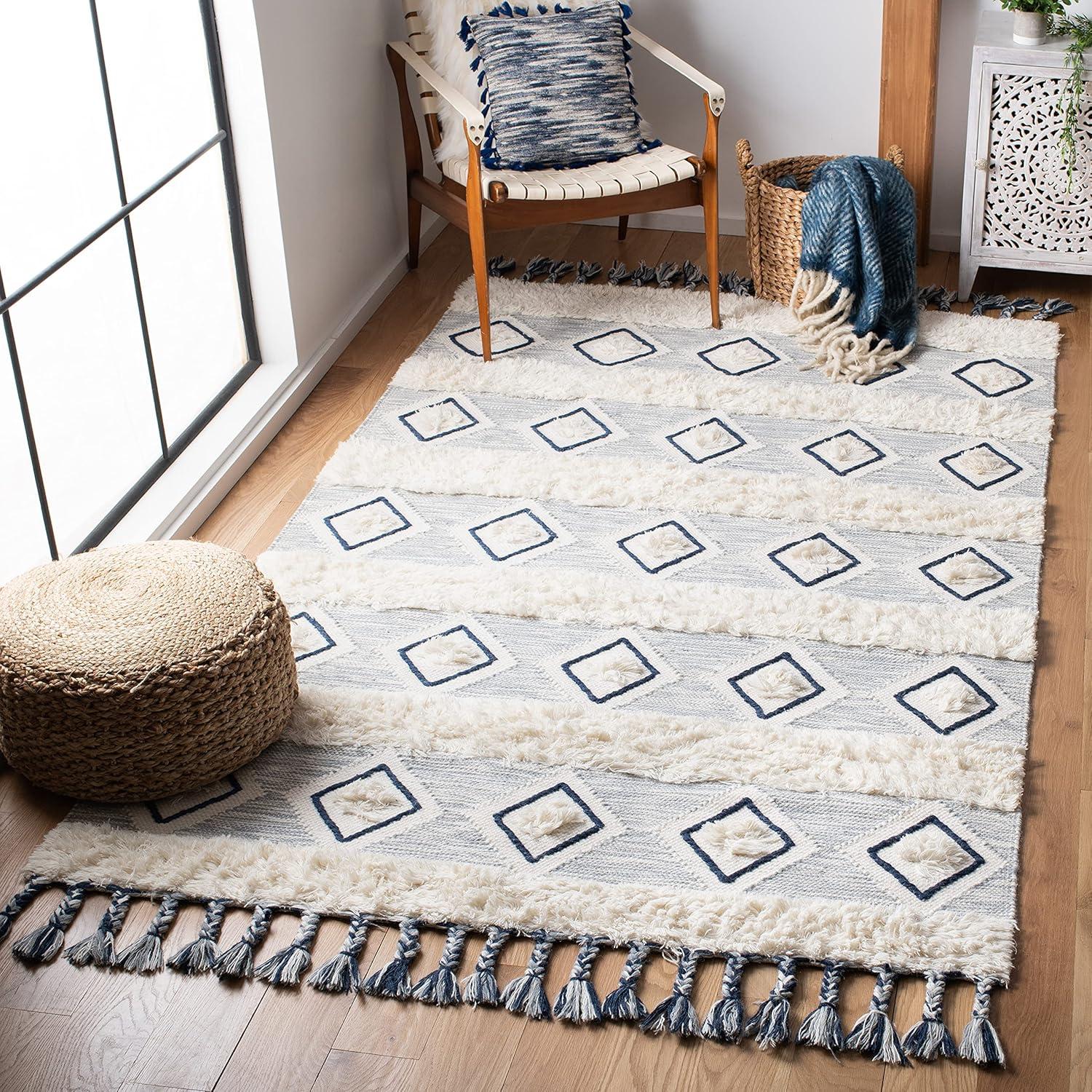 image:imageSAFAVIEH Natura Collection Accent Rug 4 x 6 Ivory amp Blue Handmade Moroccan Boho Tassel Wool Ideal for High Traffic Areas in Entryway Living Room Bedroom NAT678AIvoryBlue