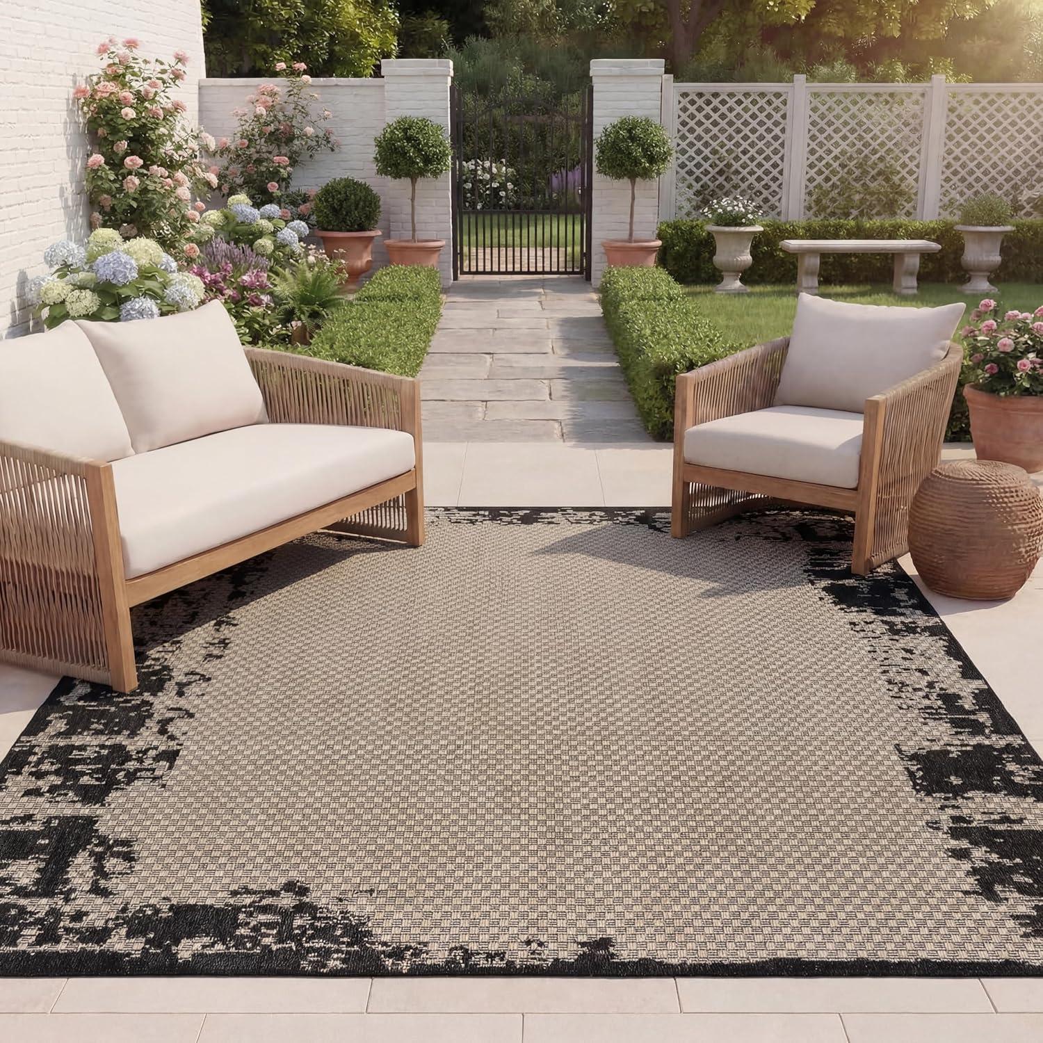 image:imageSAFAVIEH Outdoor Area Rug 8x10 Beach House Collection Large Coastal Design Black amp Beige Weather Resistant NonShedding amp Easy Cleaning Ideal for Patio Backyard Dining Space BHS414ZBlackBeige
