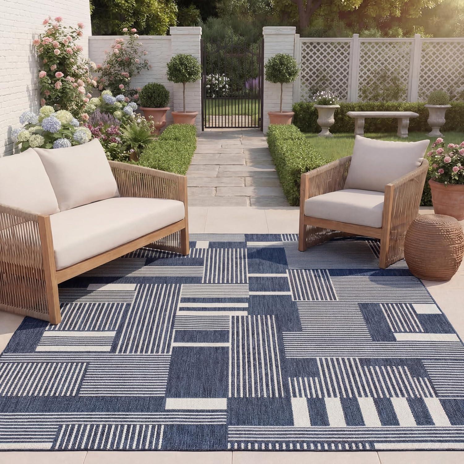 image:imageSAFAVIEH Outdoor Area Rug 8x10 Beach House Collection Large Modern Design Navy amp Ivory Weather Resistant NonShedding amp Easy Cleaning Ideal for Patio Backyard Deck Dining Space BHS402NNavyIvory