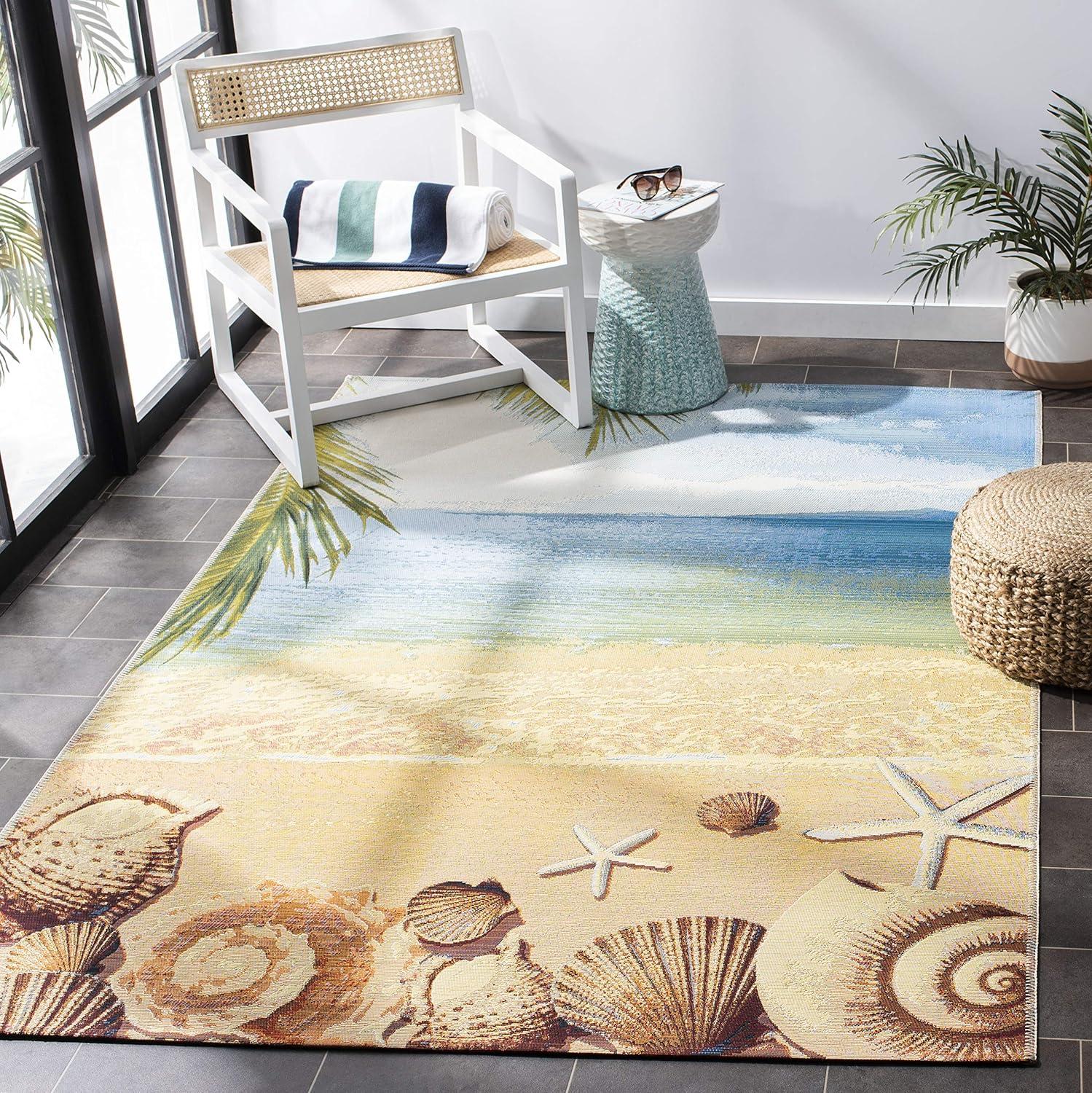 image:imageSAFAVIEH Washable Rug Outdoor Barbados Collection 53 x 76 Gold amp Blue NonShedding amp Easy to Clean Ideal for Patio Backyard Mudroom BAR555AGoldBlue