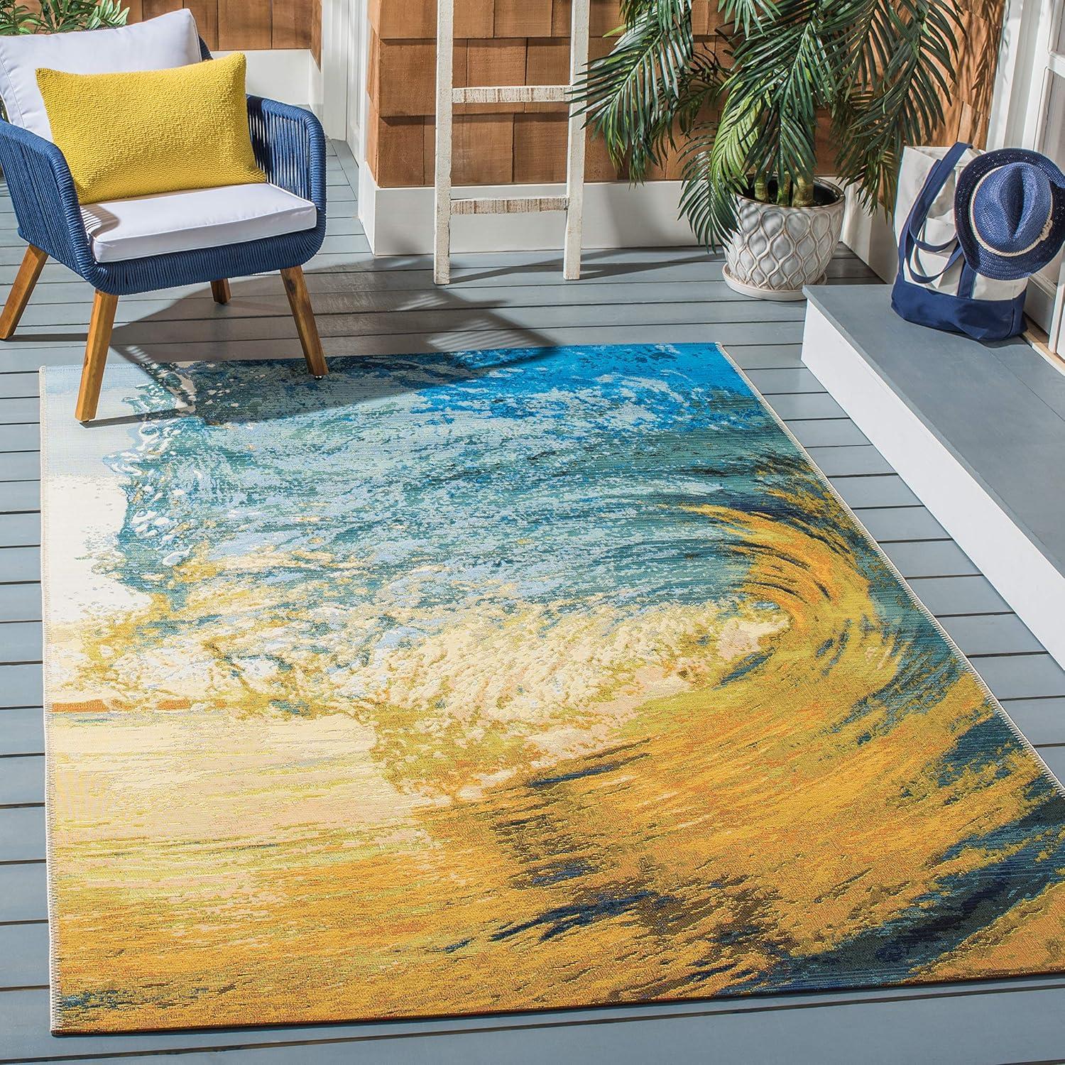 image:imageSAFAVIEH Washable Rug Outdoor Barbados Collection 8 x 105 Blue amp Gold NonShedding amp Easy to Clean Ideal for Patio Backyard Mudroom BAR510MBlueGold