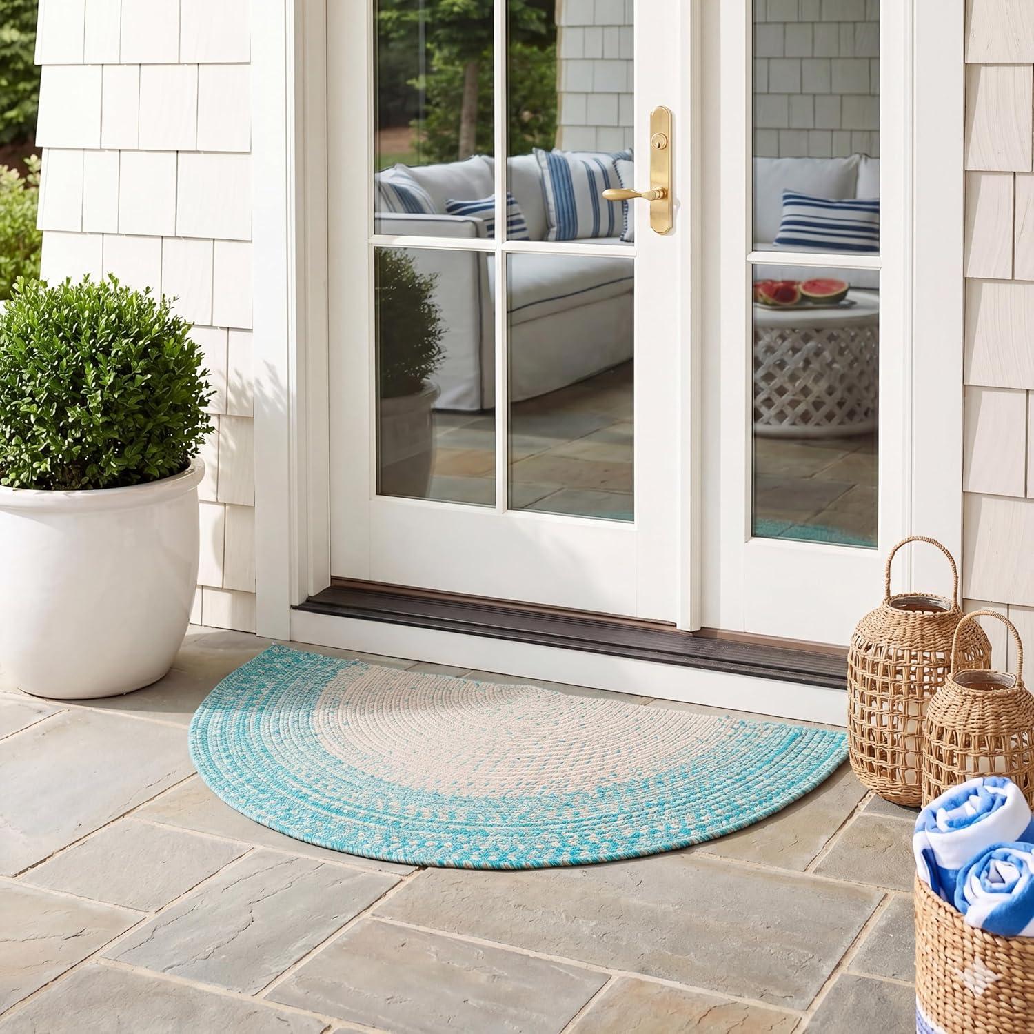 image:imageSAFAVIEH Washable Rug Outdoor Braided Collection 5 x 8 Ivory amp Aqua Handmade amp Reversible NonShedding amp Easy to Clean Ideal for Patio Backyard Mudroom BRA283JIvoryAqua