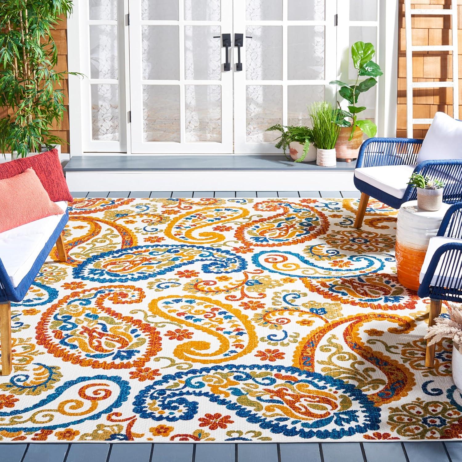 image:imageSAFAVIEH Washable Rug Outdoor Cabana Collection 8 x 10 Cream amp Navy NonShedding amp Easy to Clean Ideal for Patio Backyard Mudroom CBN887ACreamNavy