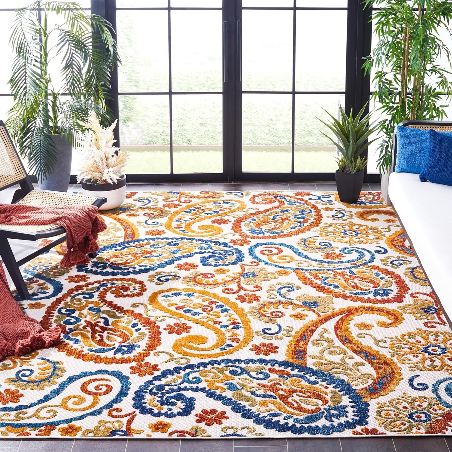 image:imageSAFAVIEH Washable Rug Outdoor Cabana Collection 8 x 10 Cream amp Navy NonShedding amp Easy to Clean Ideal for Patio Backyard Mudroom CBN887ACreamNavy