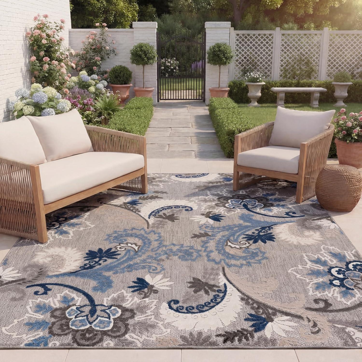 image:imageSAFAVIEH Washable Rug Outdoor Cabana Collection 8 x 10 Ivory amp Blue NonShedding amp Easy to Clean Ideal for Patio Backyard Mudroom CBN305AGreyBlue