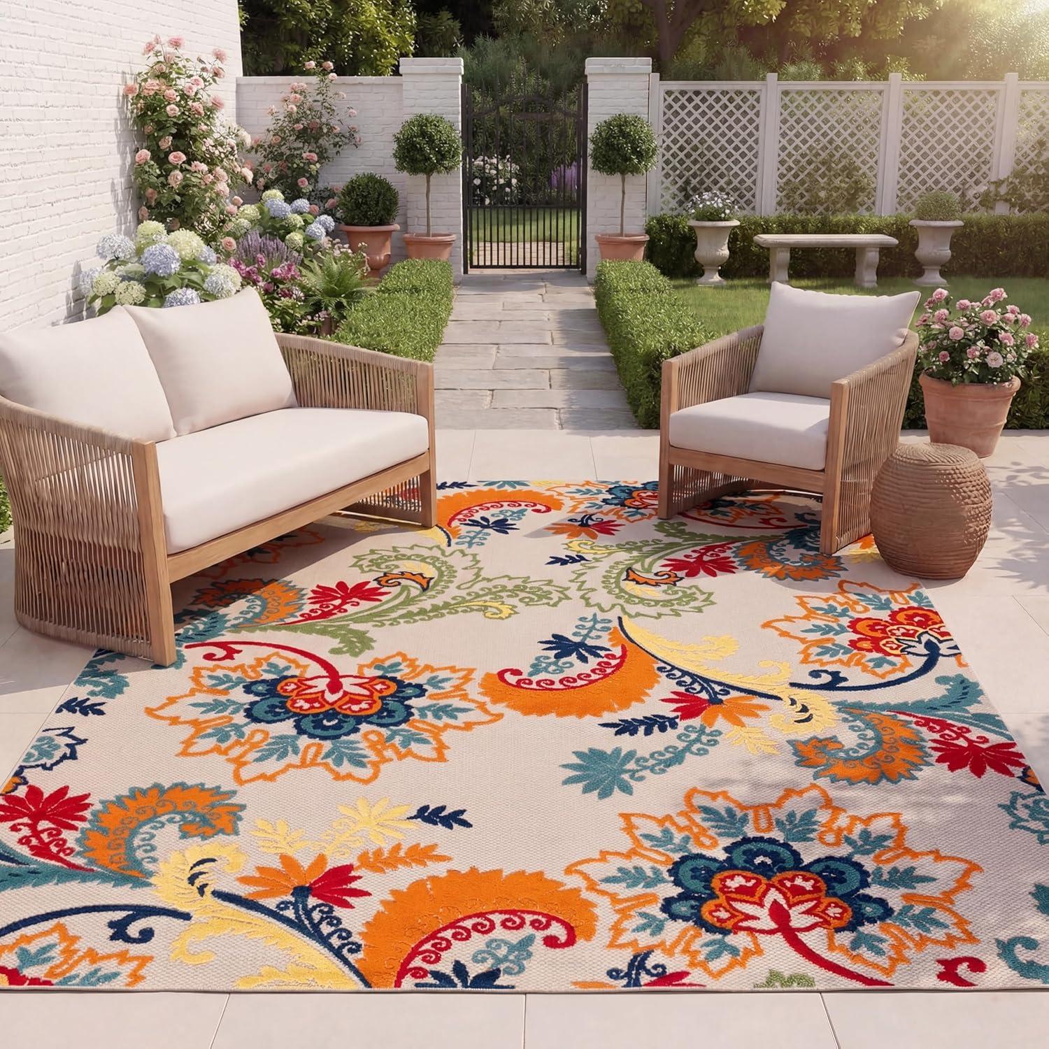 image:imageSAFAVIEH Washable Rug Outdoor Cabana Collection 8 x 10 Ivory amp Blue NonShedding amp Easy to Clean Ideal for Patio Backyard Mudroom CBN305AIvoryBlue