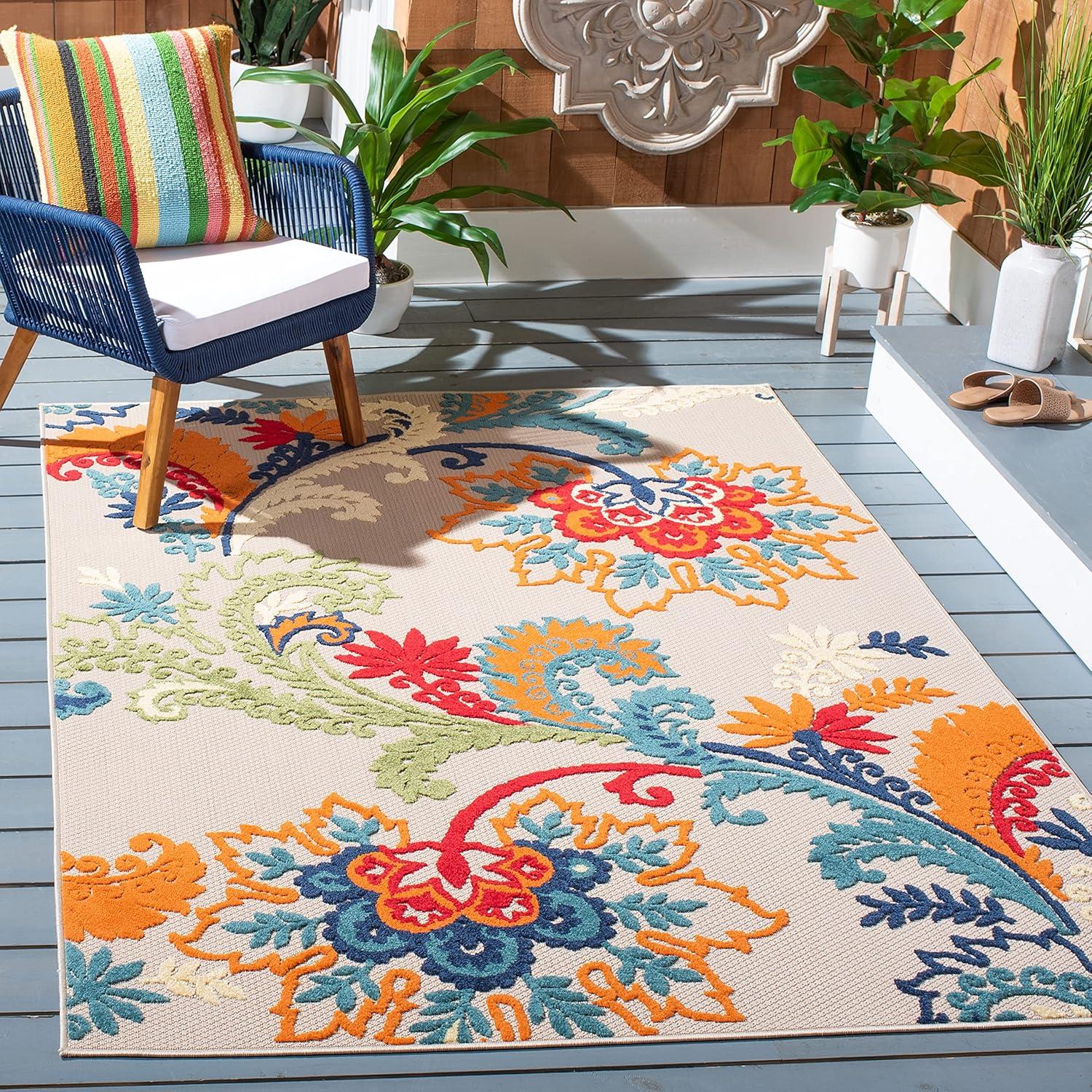 image:imageSAFAVIEH Washable Rug Outdoor Cabana Collection 8 x 10 Ivory amp Blue NonShedding amp Easy to Clean Ideal for Patio Backyard Mudroom CBN305AIvoryBlue
