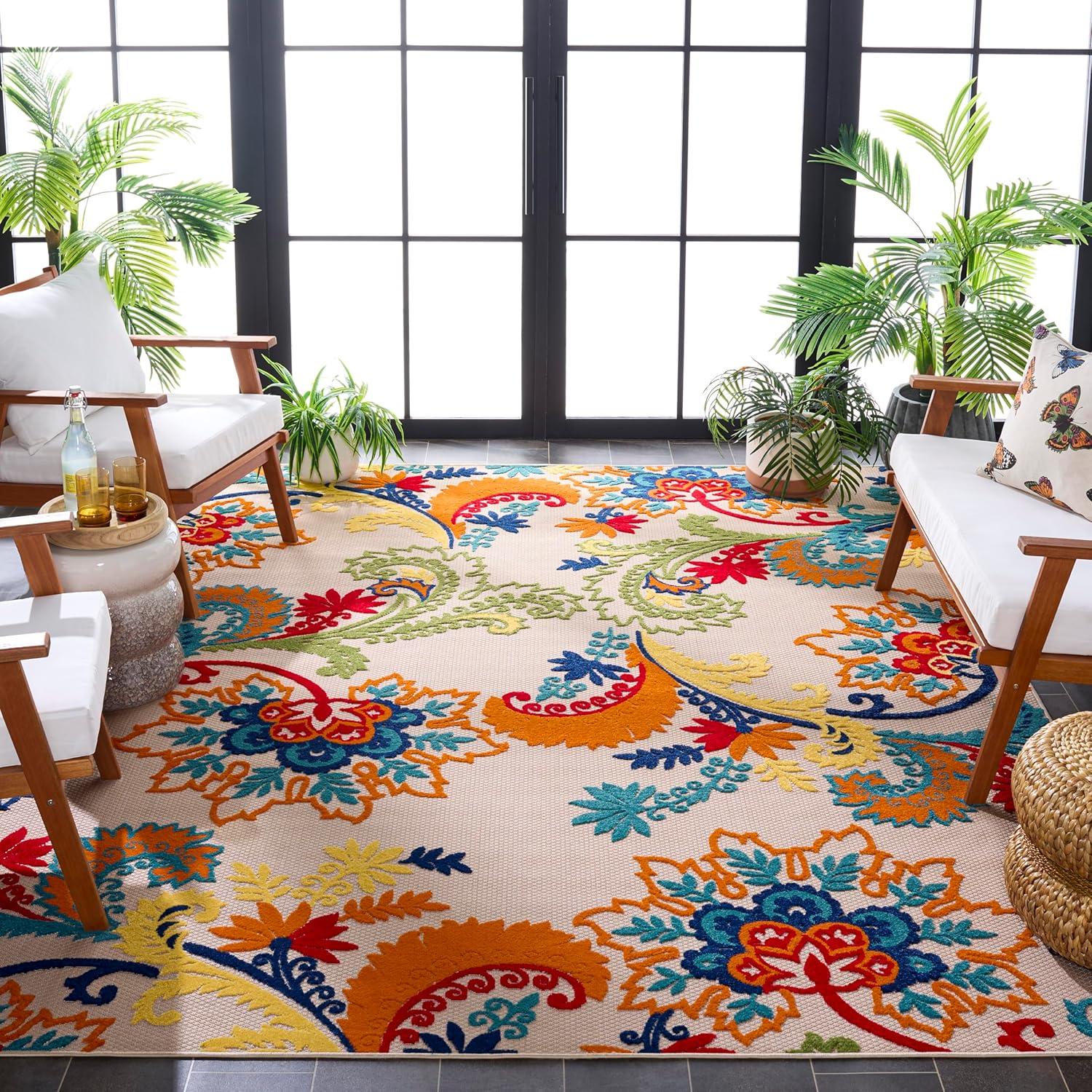 image:imageSAFAVIEH Washable Rug Outdoor Cabana Collection 8 x 10 Ivory amp Blue NonShedding amp Easy to Clean Ideal for Patio Backyard Mudroom CBN305AIvoryBlue