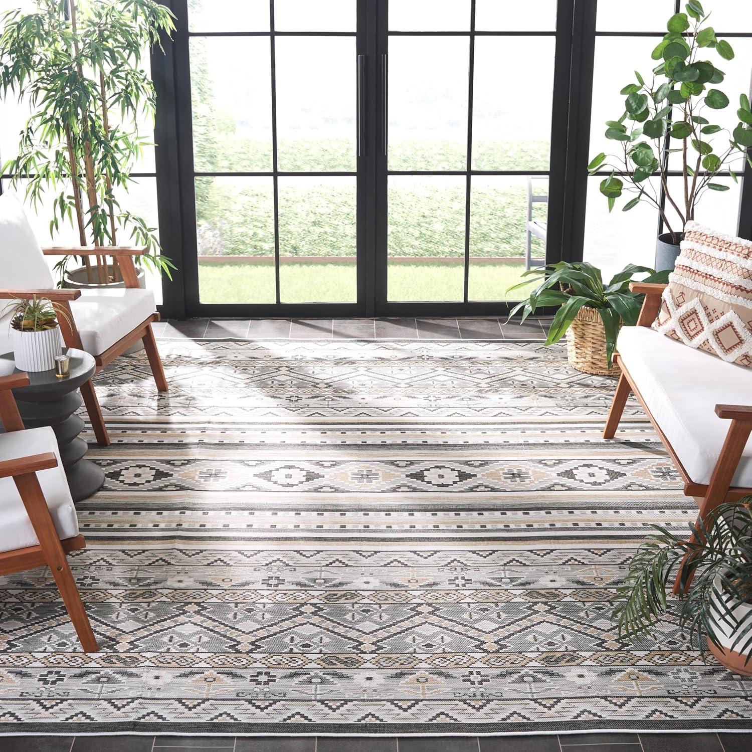 image:imageSAFAVIEH Washable Rug Outdoor Sunrise Collection 8 x 10 Grey amp Beige Black NonShedding amp Easy to Clean Ideal for Patio Backyard Mudroom SUN629FGreyBeige Black