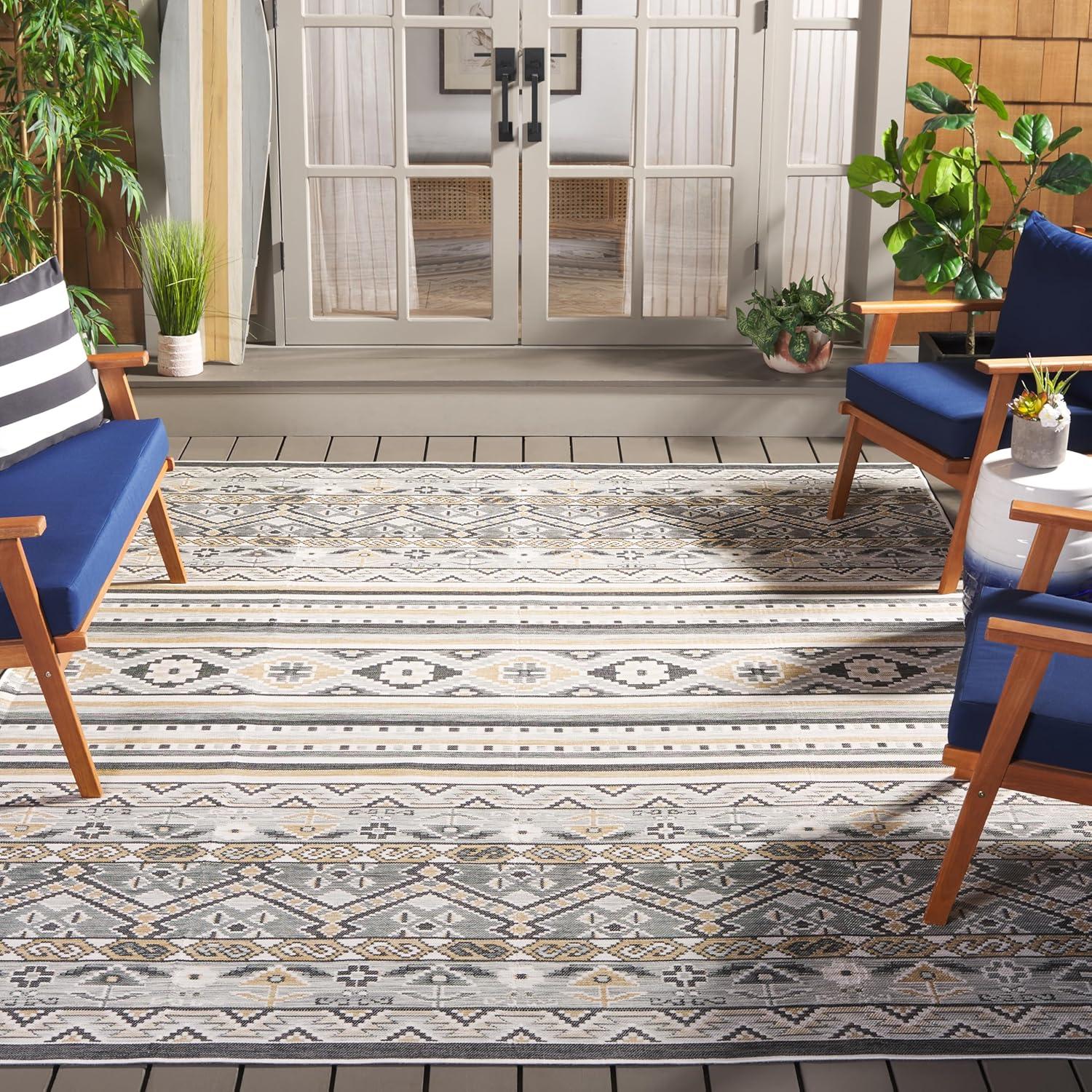 image:imageSAFAVIEH Washable Rug Outdoor Sunrise Collection 8 x 10 Grey amp Beige Black NonShedding amp Easy to Clean Ideal for Patio Backyard Mudroom SUN629FGreyBeige Black