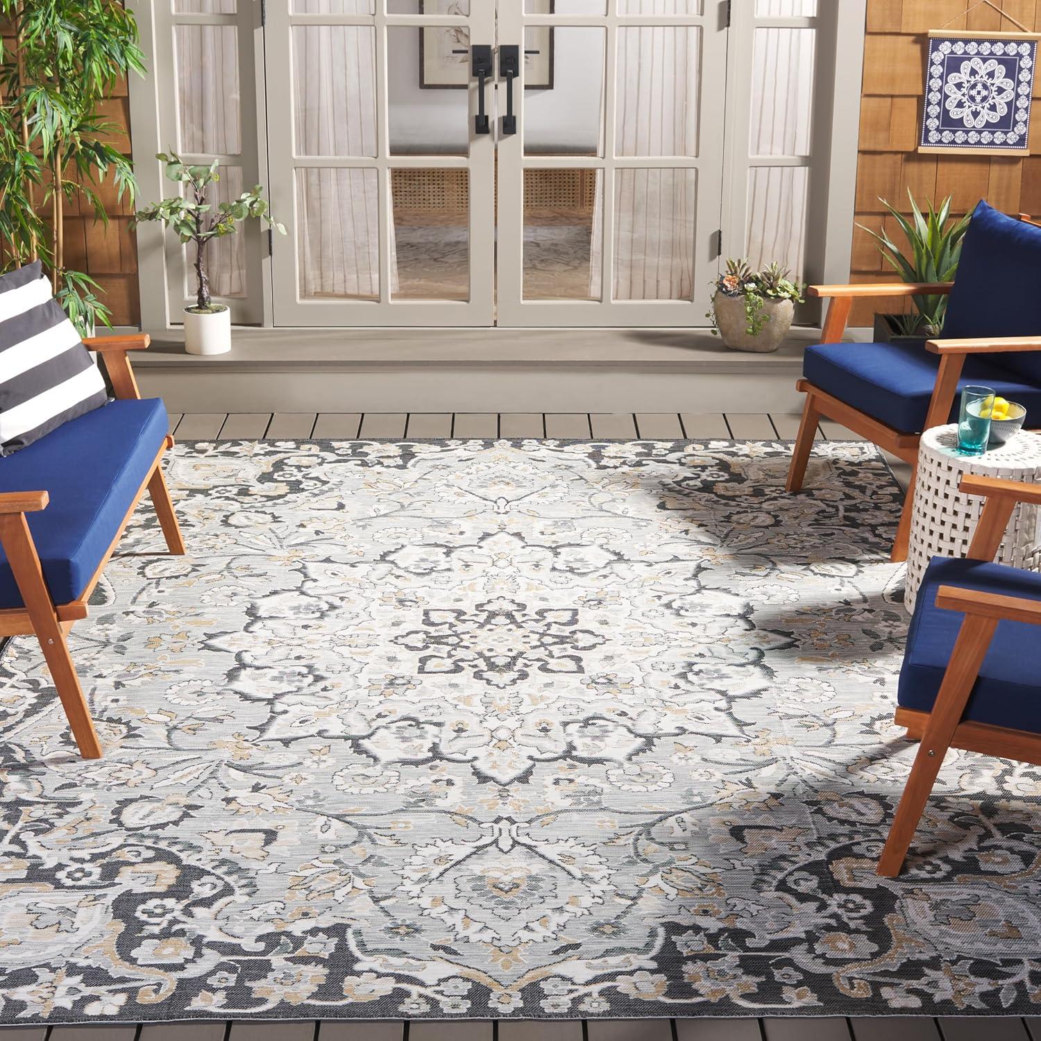 image:imageSAFAVIEH Washable Rug Outdoor Sunrise Collection 8 x 10 Grey amp Beige Black NonShedding amp Easy to Clean Ideal for Patio Backyard Mudroom SUN696FGreyBeige Black
