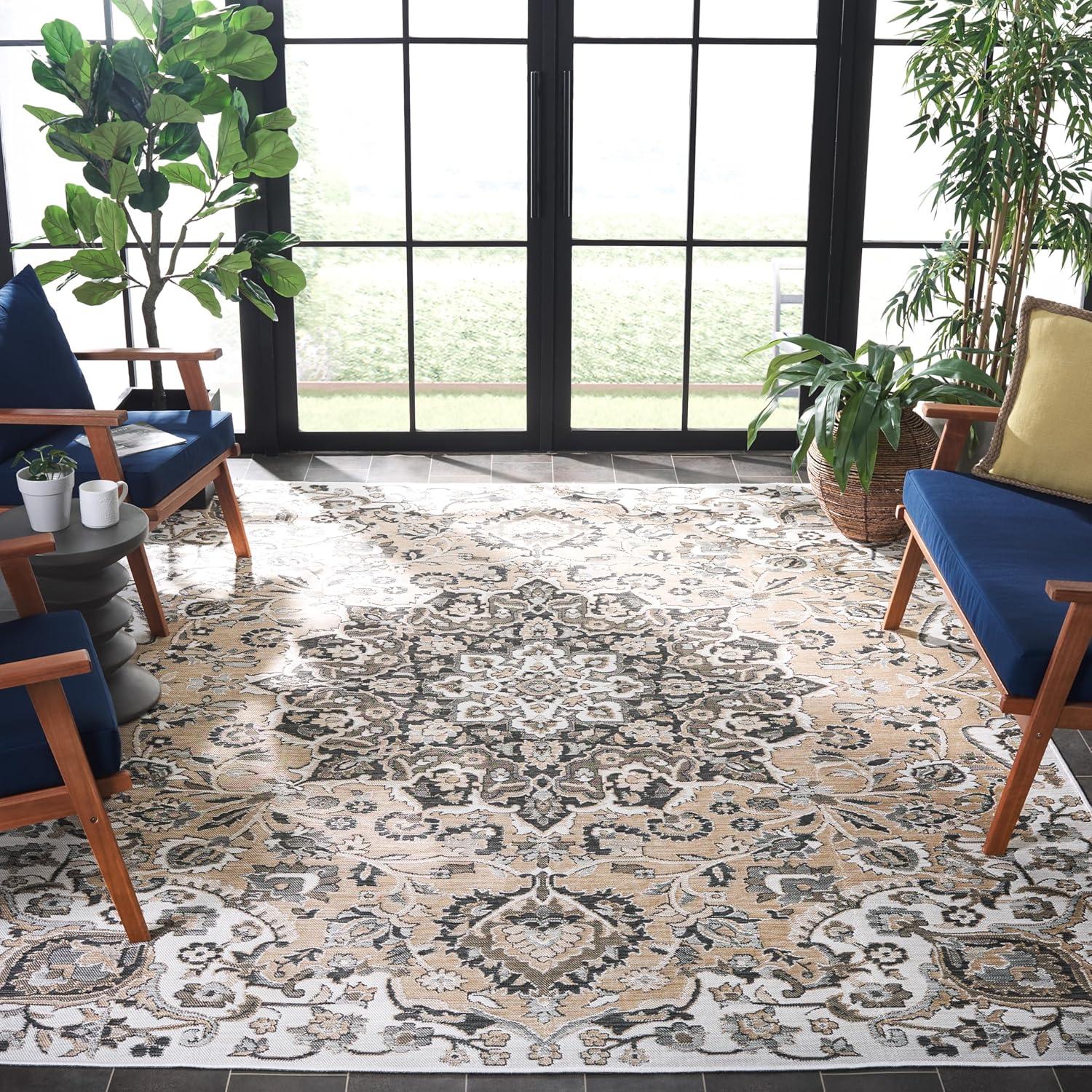 image:imageSAFAVIEH Washable Rug Outdoor Sunrise Collection 8 x 10 Grey amp Beige Black NonShedding amp Easy to Clean Ideal for Patio Backyard Mudroom SUN696FGreyBeige Black
