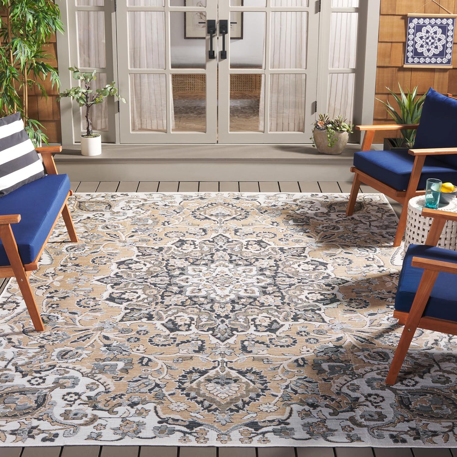 image:imageSAFAVIEH Washable Rug Outdoor Sunrise Collection 8 x 10 Grey amp Beige Black NonShedding amp Easy to Clean Ideal for Patio Backyard Mudroom SUN696FGreyBeige Black