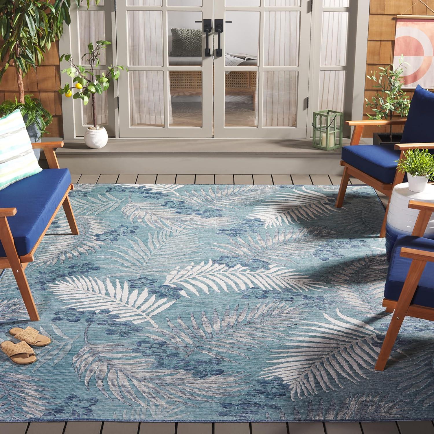 image:imageSAFAVIEH Washable Rug Outdoor Sunrise Collection 8 x 10 Ivory amp Blue Gold NonShedding amp Easy to Clean Ideal for Patio Backyard Mudroom SUN675AGreyBlue Ivory