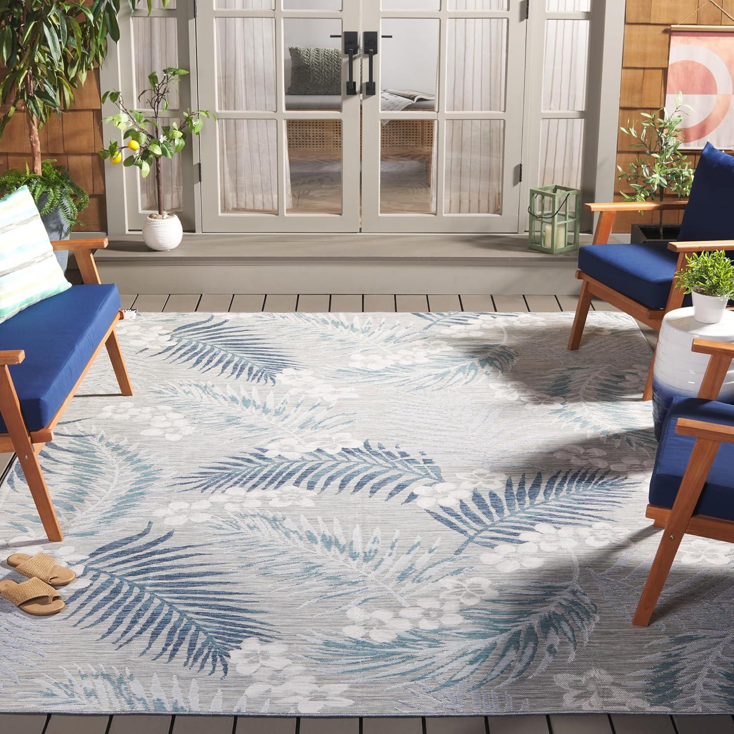 image:imageSAFAVIEH Washable Rug Outdoor Sunrise Collection 8 x 10 Ivory amp Blue Gold NonShedding amp Easy to Clean Ideal for Patio Backyard Mudroom SUN675AGreyBlue Ivory