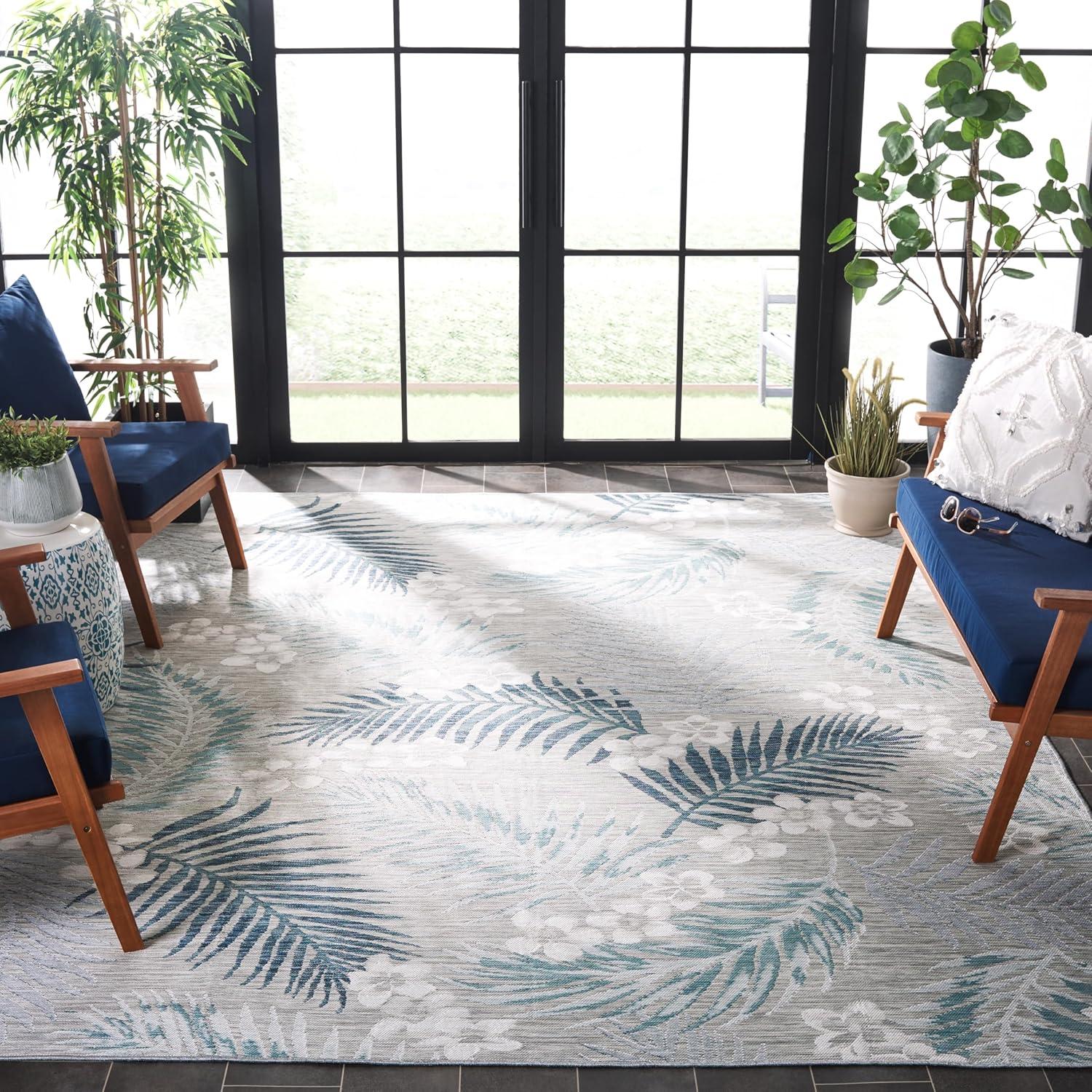 image:imageSAFAVIEH Washable Rug Outdoor Sunrise Collection 8 x 10 Ivory amp Blue Gold NonShedding amp Easy to Clean Ideal for Patio Backyard Mudroom SUN675AGreyBlue Ivory