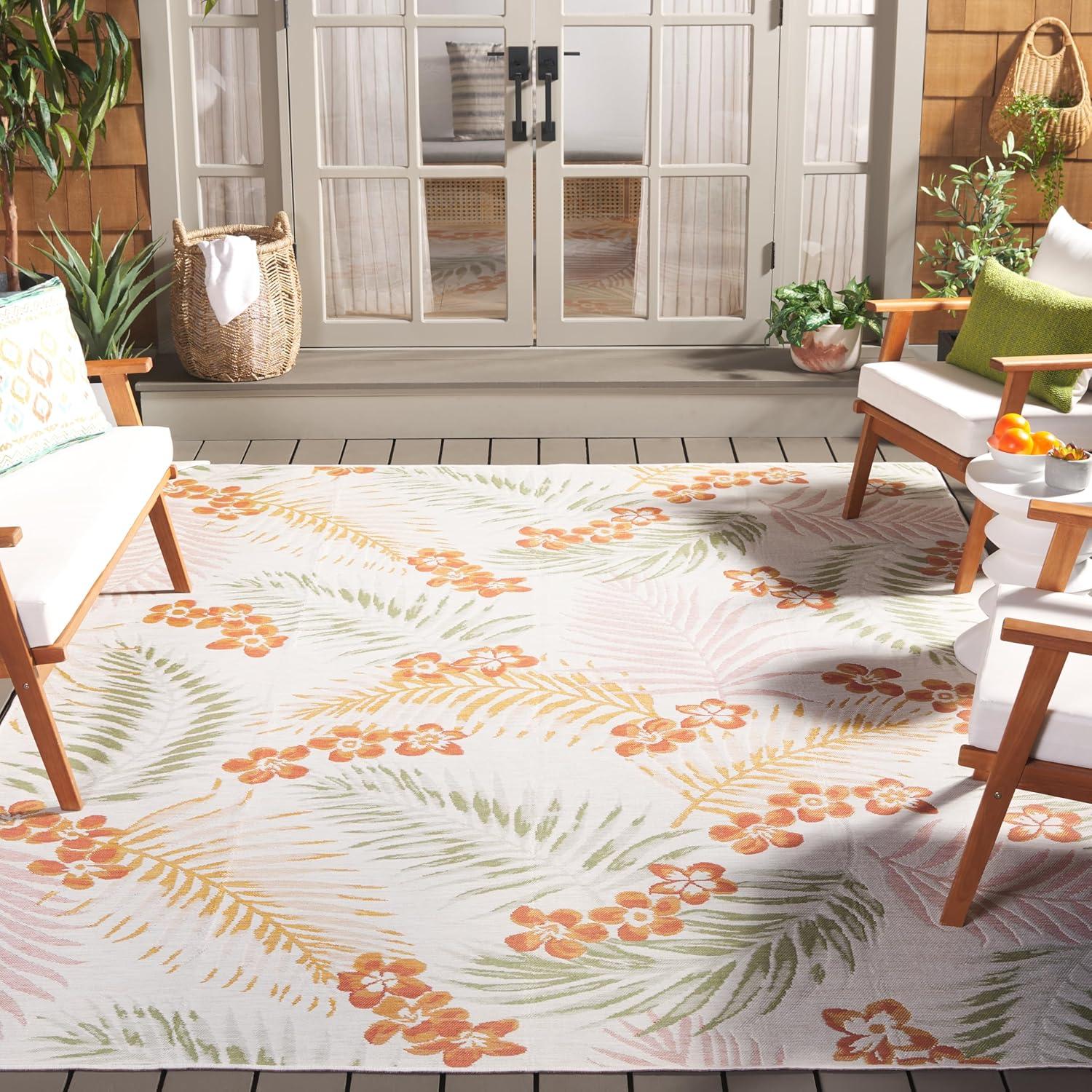image:imageSAFAVIEH Washable Rug Outdoor Sunrise Collection 8 x 10 Ivory amp Blue Gold NonShedding amp Easy to Clean Ideal for Patio Backyard Mudroom SUN675AIvoryRust Sage