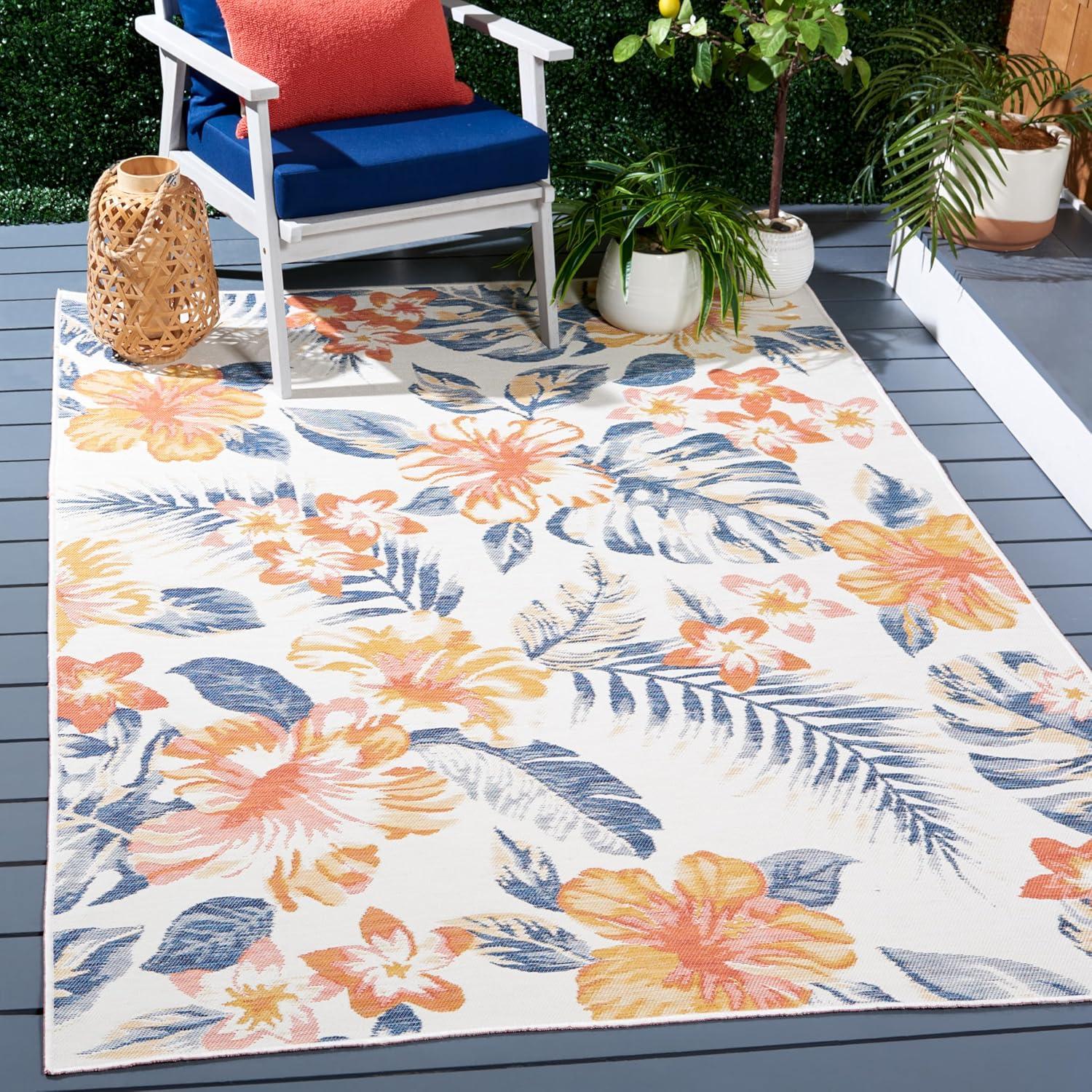 image:imageSAFAVIEH Washable Rug Outdoor Sunrise Collection 8 x 10 Ivory amp Rust Blue NonShedding amp Easy to Clean Ideal for Patio Backyard Mudroom SUN671CIvoryRust Blue