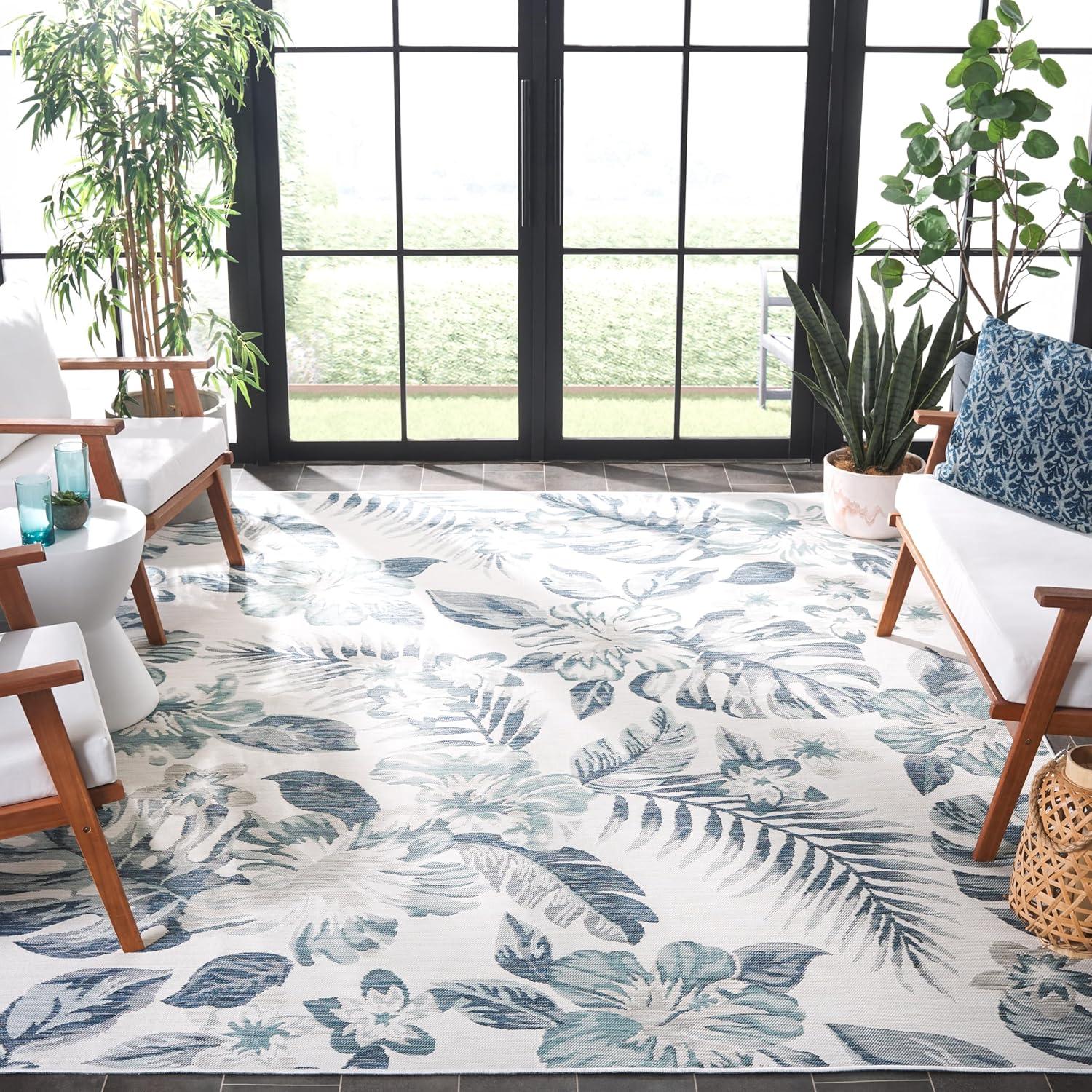 image:imageSAFAVIEH Washable Rug Outdoor Sunrise Collection 8 x 10 Ivory amp Rust Blue NonShedding amp Easy to Clean Ideal for Patio Backyard Mudroom SUN671CIvoryBlue Grey