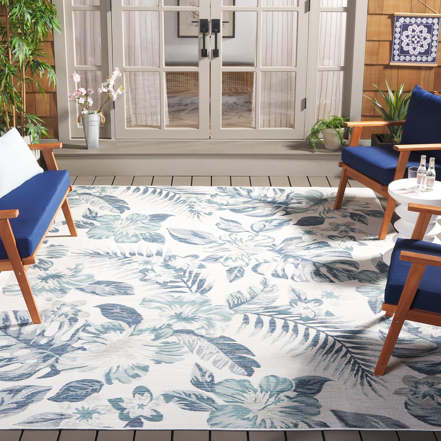 image:imageSAFAVIEH Washable Rug Outdoor Sunrise Collection 8 x 10 Ivory amp Rust Blue NonShedding amp Easy to Clean Ideal for Patio Backyard Mudroom SUN671CIvoryBlue Grey