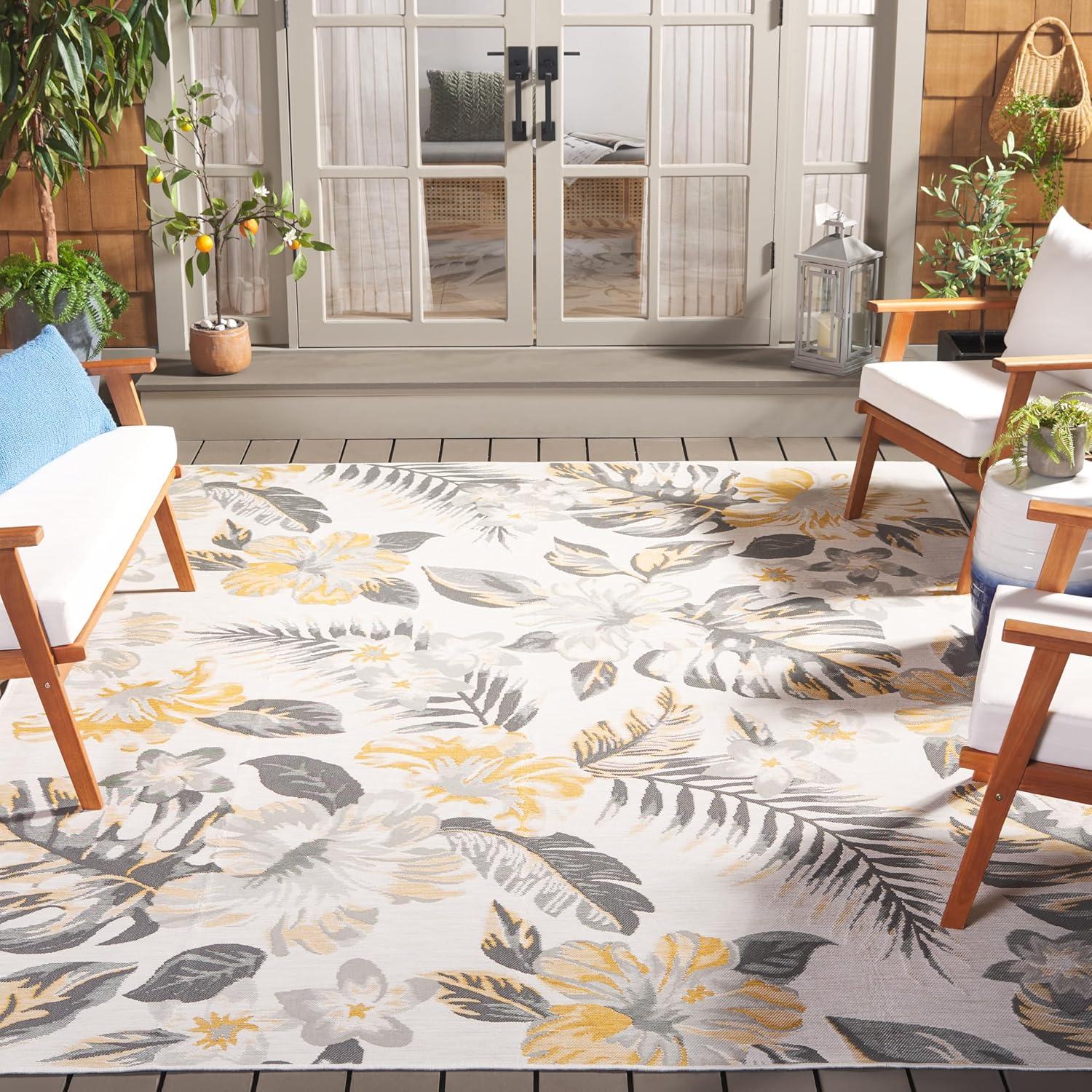 image:imageSAFAVIEH Washable Rug Outdoor Sunrise Collection 8 x 10 Ivory amp Rust Blue NonShedding amp Easy to Clean Ideal for Patio Backyard Mudroom SUN671CIvoryGrey Gold