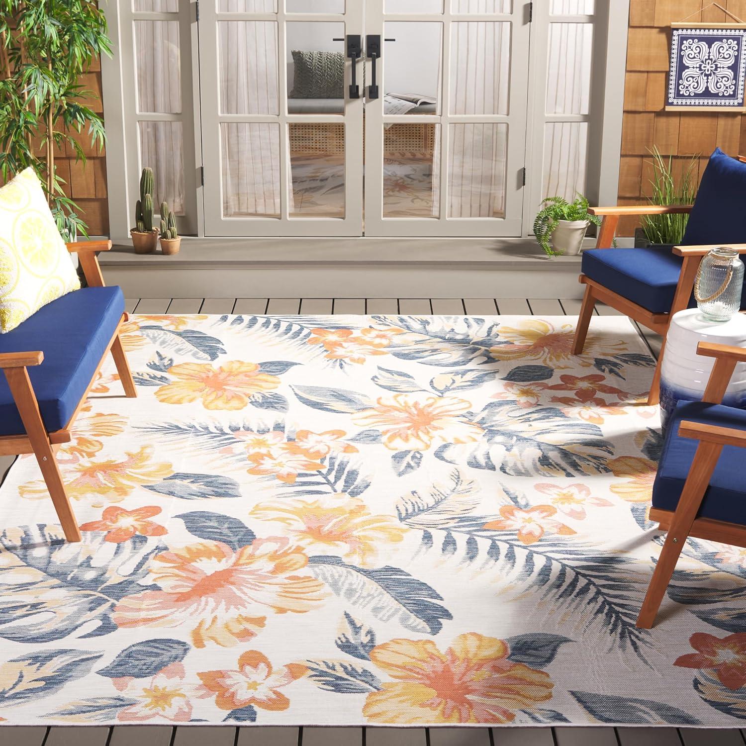 image:imageSAFAVIEH Washable Rug Outdoor Sunrise Collection 8 x 10 Ivory amp Rust Blue NonShedding amp Easy to Clean Ideal for Patio Backyard Mudroom SUN671CIvoryRust Blue
