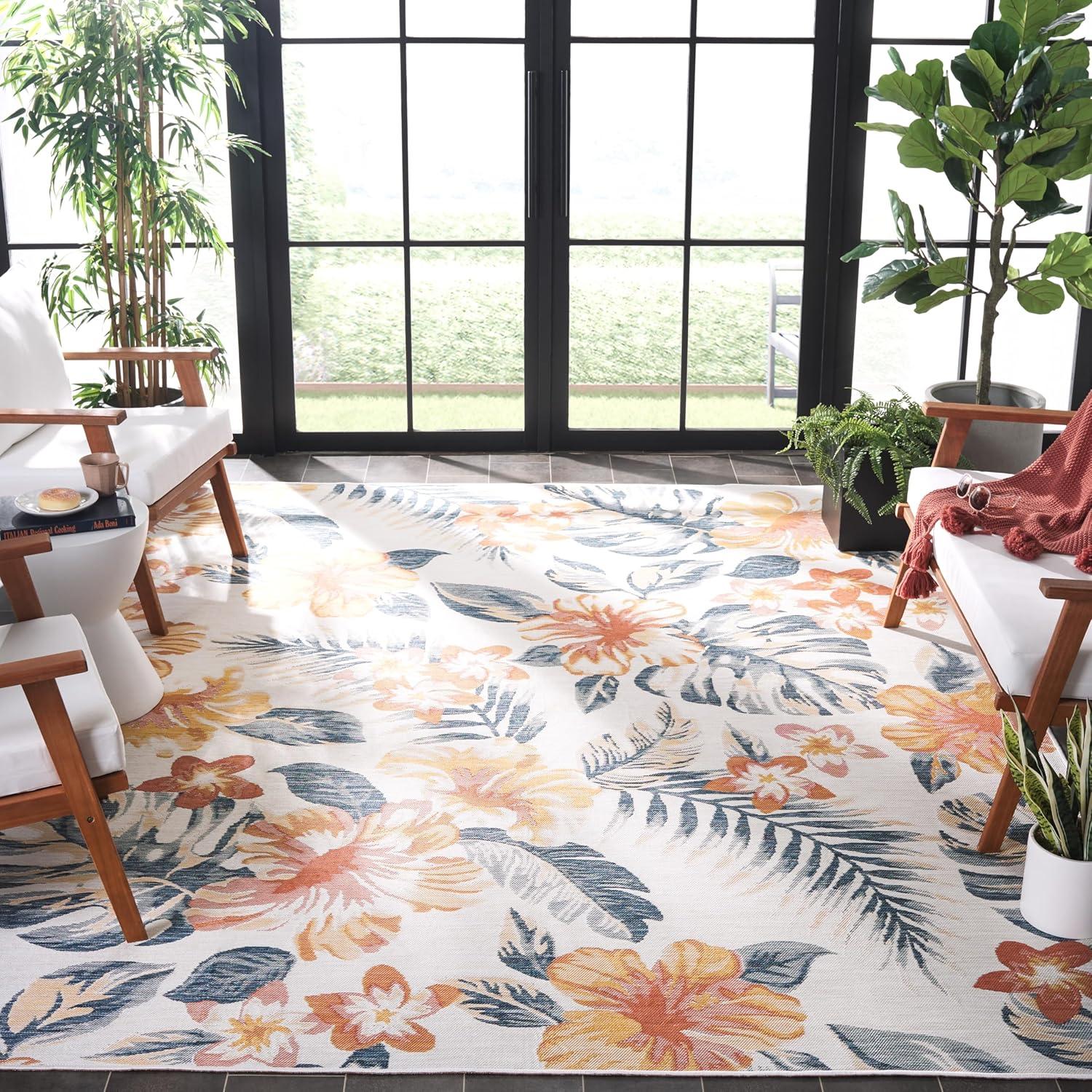 image:imageSAFAVIEH Washable Rug Outdoor Sunrise Collection 8 x 10 Ivory amp Rust Blue NonShedding amp Easy to Clean Ideal for Patio Backyard Mudroom SUN671CIvoryRust Blue