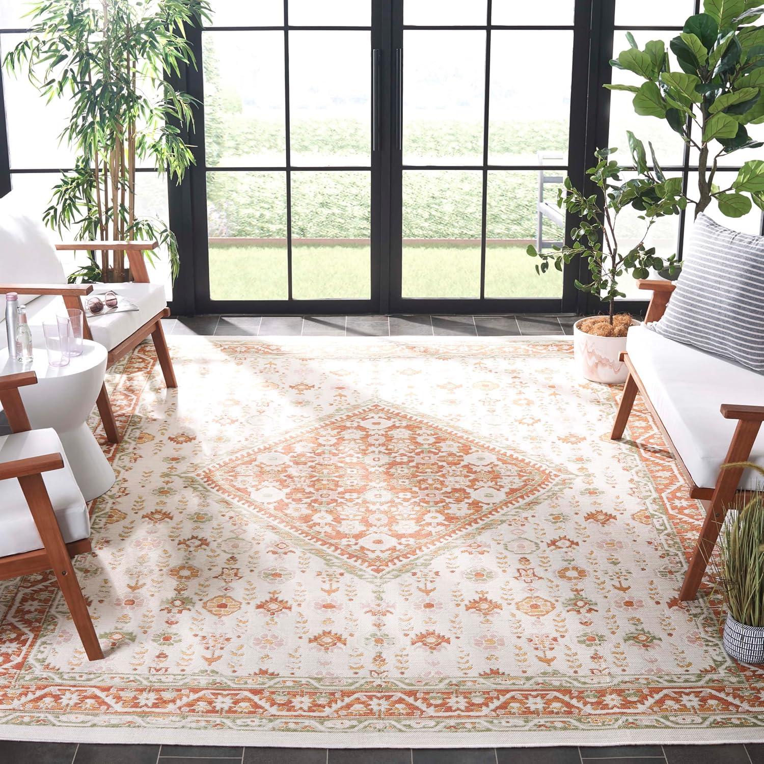 image:imageSAFAVIEH Washable Rug Outdoor Sunrise Collection 8 x 10 Ivory amp Rust Sage NonShedding amp Easy to Clean Ideal for Patio Backyard Mudroom SUN620AIvoryRust Sage