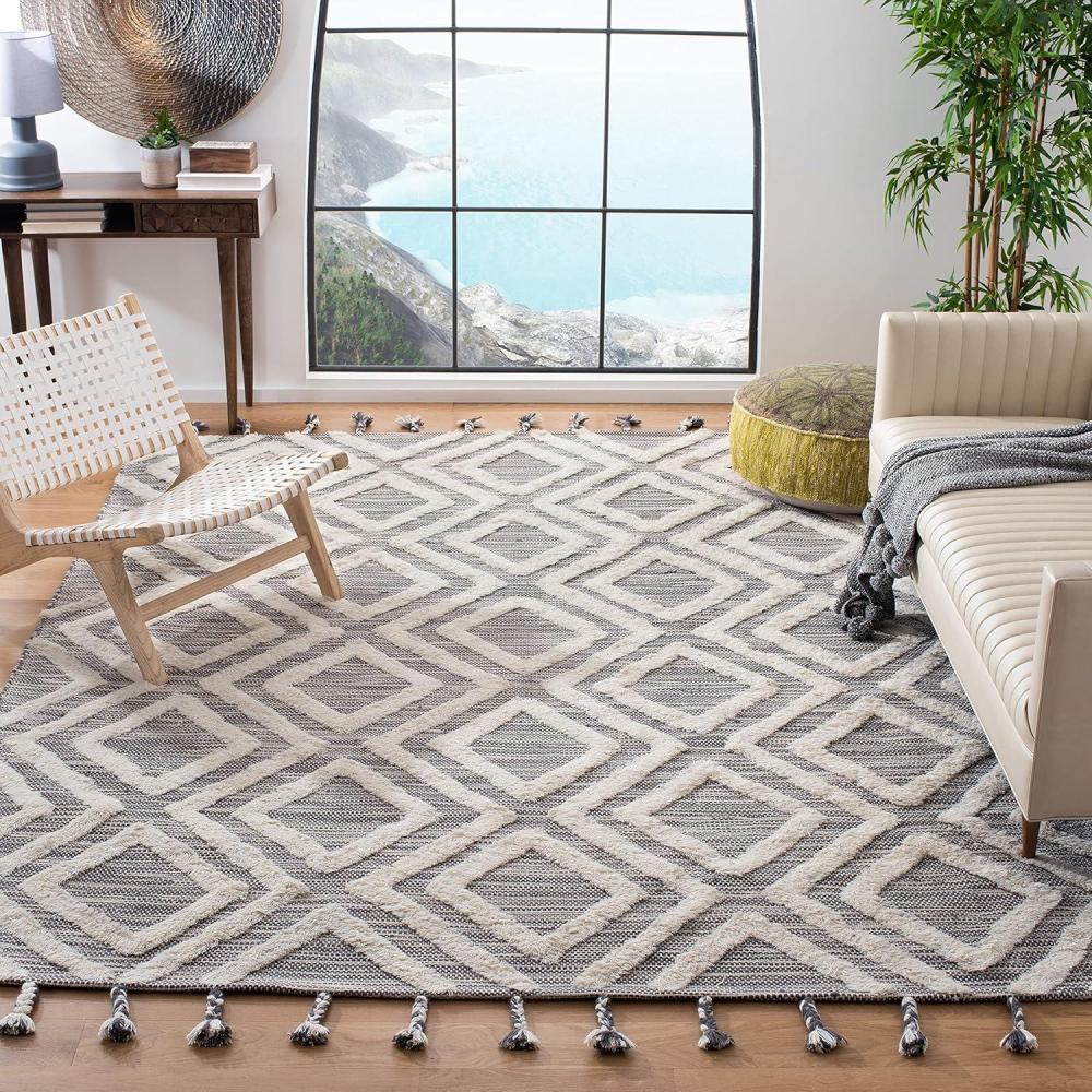 image:imageSAFAVIEH Area Rug 8x10 Kenya Collection Large Black amp Ivory Handmade Wool Moroccan Tassel Design Ideal for Living Room Bedroom Dining Space KNY331ZGreyIvory