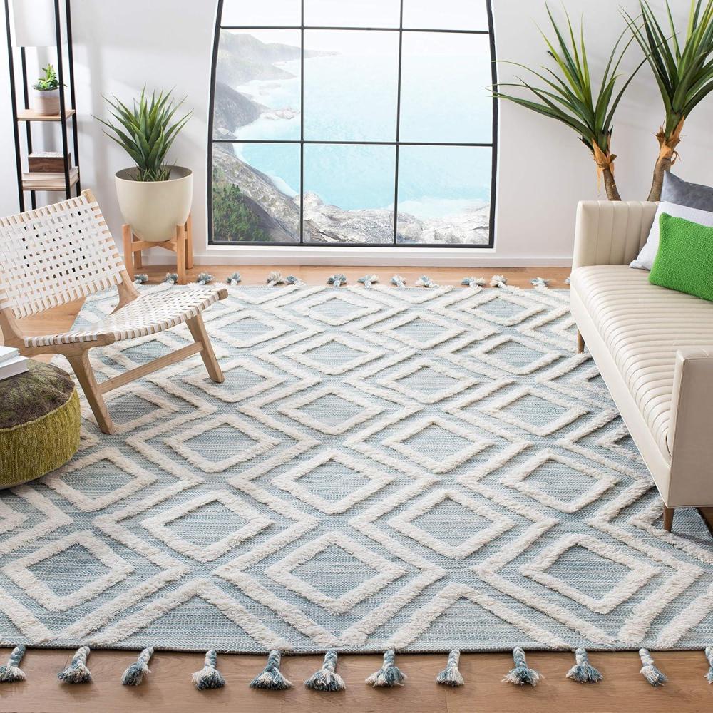 image:imageSAFAVIEH Area Rug 8x10 Kenya Collection Large Black amp Ivory Handmade Wool Moroccan Tassel Design Ideal for Living Room Bedroom Dining Space KNY331ZAquaIvory