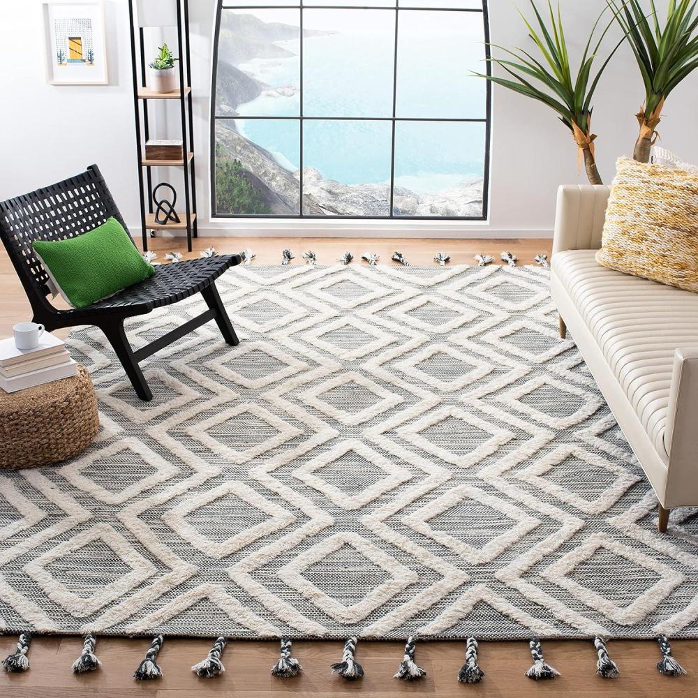 image:imageSAFAVIEH Area Rug 8x10  Kenya Collection  Large  Black amp Ivory Handmade Wool Moroccan Tassel Design Ideal for Living Room Bedroom Dining Space KNY331ZTealIvory