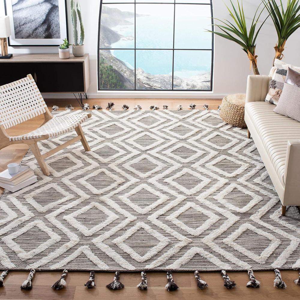 image:imageSAFAVIEH Area Rug 8x10 Kenya Collection Large Black amp Ivory Handmade Wool Moroccan Tassel Design Ideal for Living Room Bedroom Dining Space KNY331ZBrownIvory
