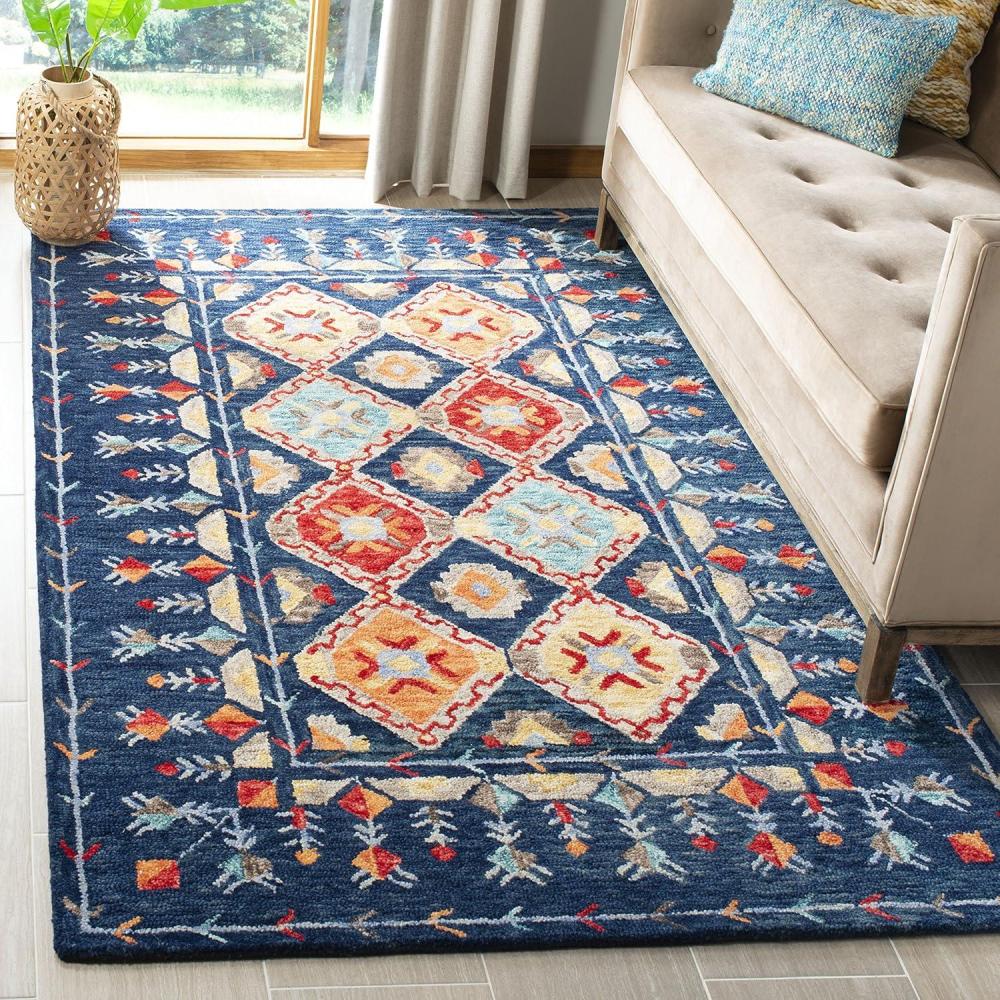 image:imageSAFAVIEH Aspen Collection Area Rug  10 x 14 Navy amp Orange Handmade Boho Wool Ideal for High Traffic Areas in Living Room Bedroom APN515NNavyOrange