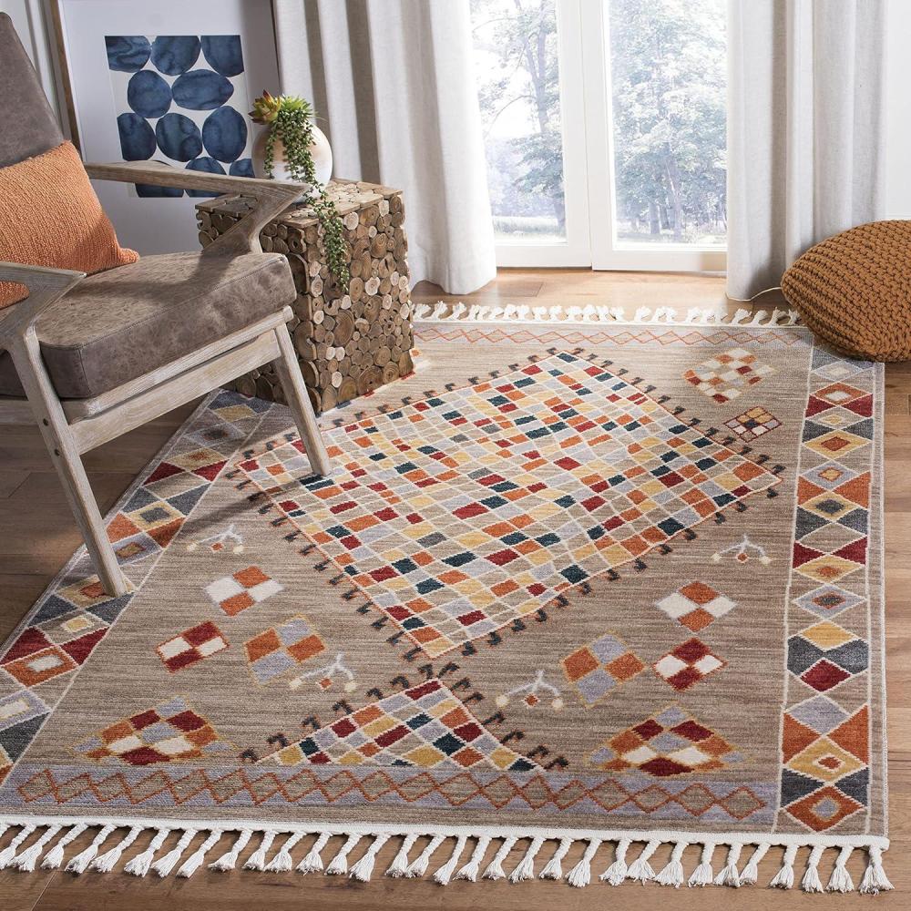 image:imageSAFAVIEH Farmhouse Collection 51 x 73 Taupe Navy FMH852E Boho Moroccan Tribal Tassel Area RugTaupeNavy
