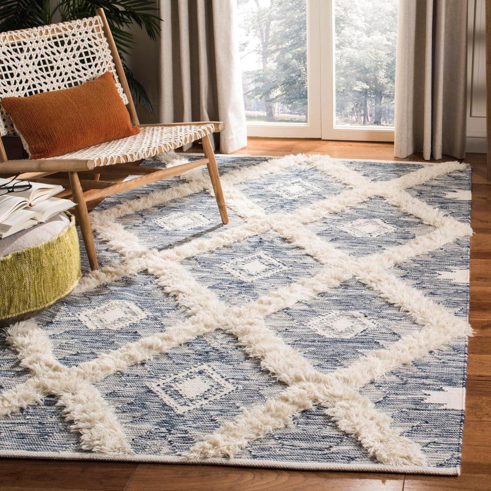 image:imageSAFAVIEH Kenya Collection Area Rug 6 x 9 Silver amp Ivory Handmade Moroccan Boho Tribal Wool Ideal for High Traffic Areas in Living Room Bedroom KNY455GBlueIvory