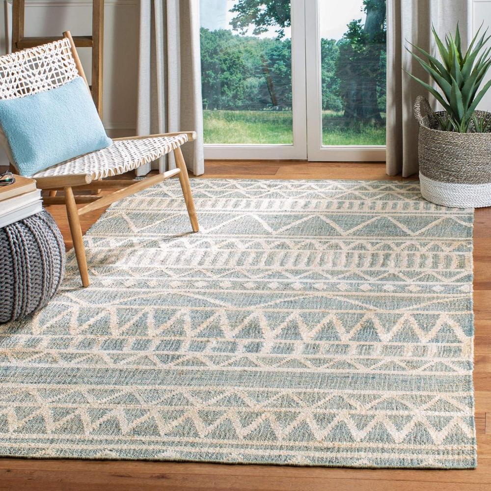 image:imageSAFAVIEH Kilim Collection Area Rug 5 x 8 Blue amp Beige Handmade Moroccan Boho Jute amp Cotton Ideal for High Traffic Areas in Living Room Bedroom KLM752HBlueBeige