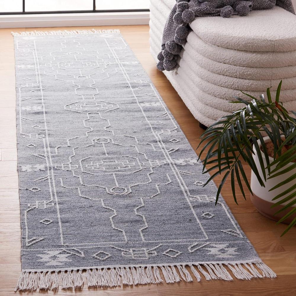 image:imageSAFAVIEH Kilim Collection Area Rug 6 x 9 Blue amp Ivory Flat Weave Rustic Boho Tribal Design NonShedding amp Easy Care Ideal for High Traffic Areas in Living Room Bedroom KLM763MDark GreyIvory